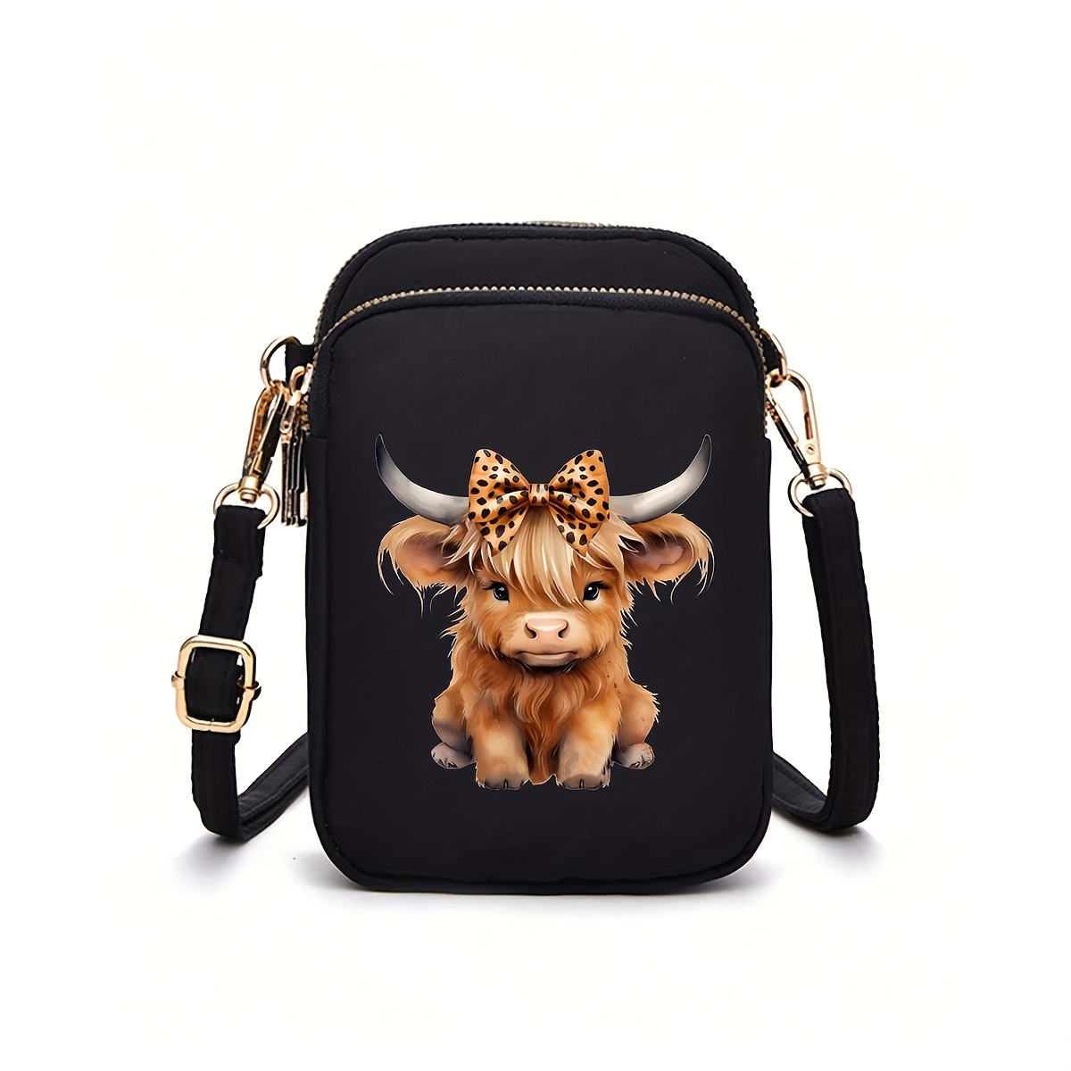 TEMU Highland Cow Themed Black Casual Fashion Mini Bag With Mobile Phone Bag, Three-dimensional Coin Purse, Shoulder Bag, Coin Purse, Suitable For Attendance, Walking, Travel, Camping
