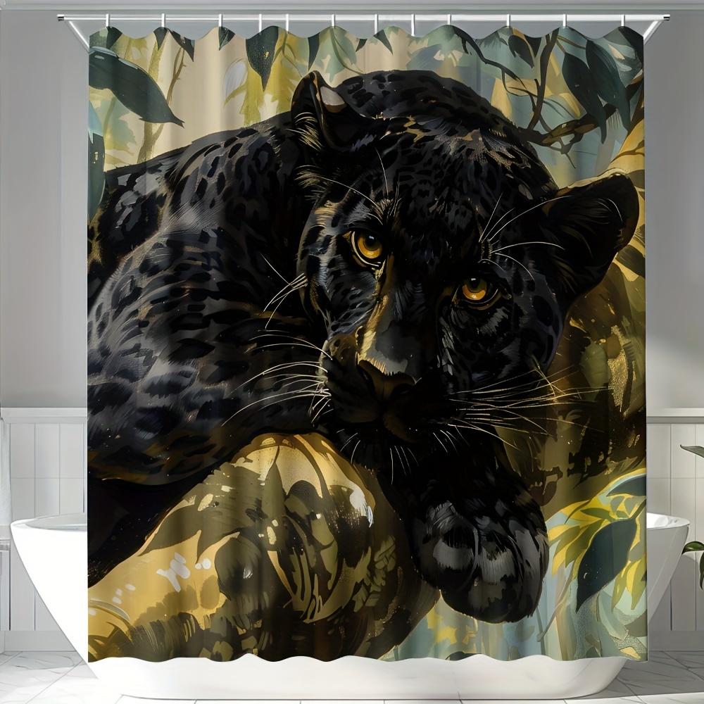 

Home Black Leopard Shower Curtain, Wild Animal Crouching Design, Water-resistant Polyester, Satin Weave, All-season Bathroom Decor With Free Hooks, Machine Washable, Animal Print