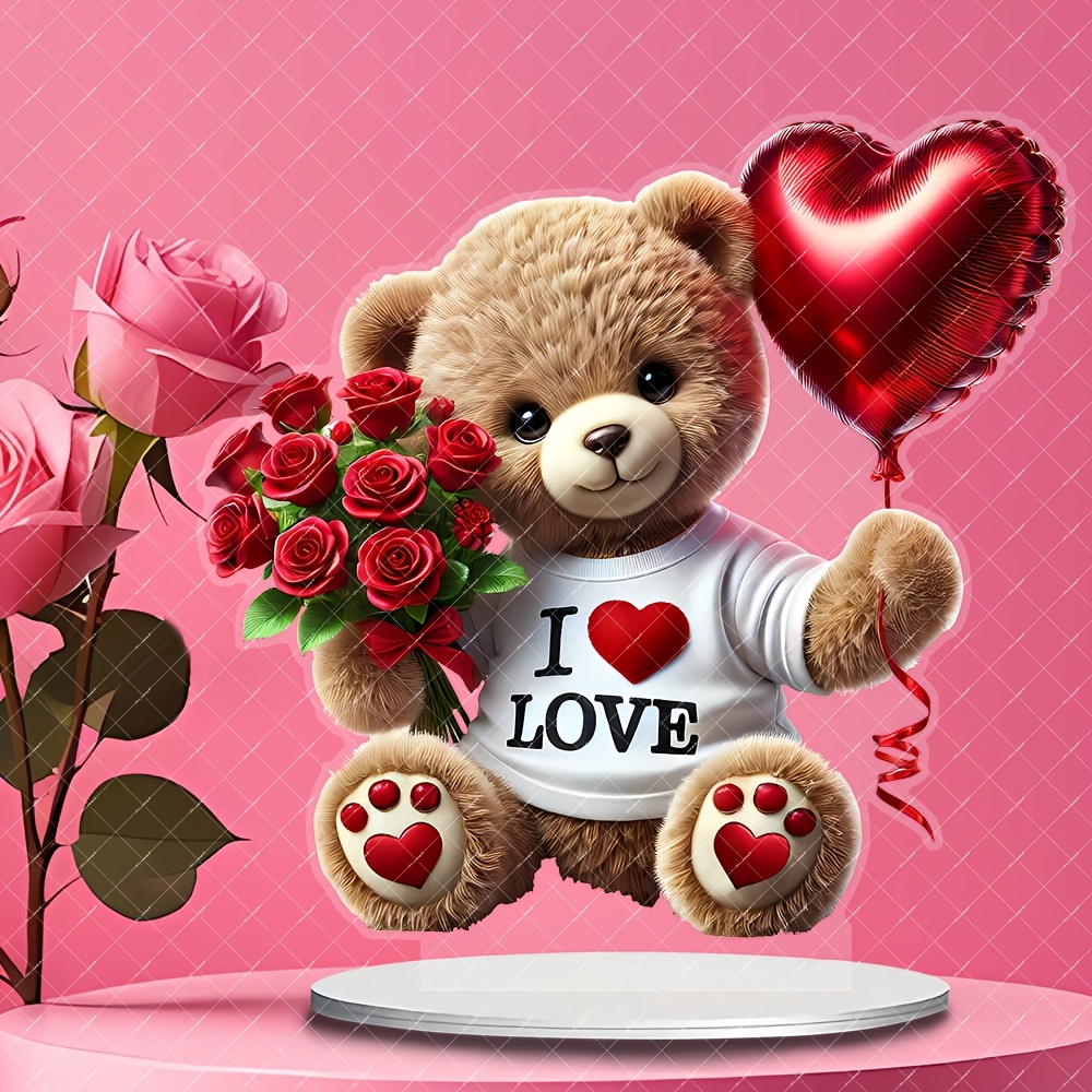 

2d Flat 1pc Boho Style 2d Acrylic Cute Bear With Rose & , 20x20cm Tabletop Decor, Multipurpose Desk Ornament, Ideal For Home, Office & Garden, Perfect Valentine's Day Gift, No Battery Needed