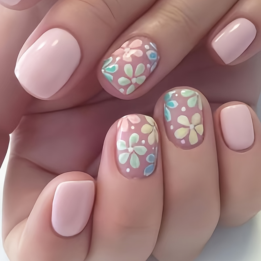 Image of 24pcs Multicolor Contrast Short Square Spring Summer Style Small Flower Nail Stickers Wearable Nails With Jelly Glue And Nail File