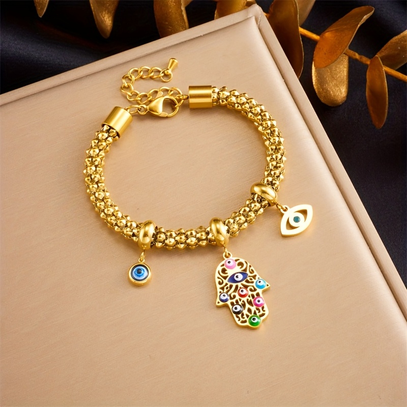Image of Bohemian Trendy Golden Hollowed Out Palm Eyes Stainless Steel Thick Chain Bracelet Without Box