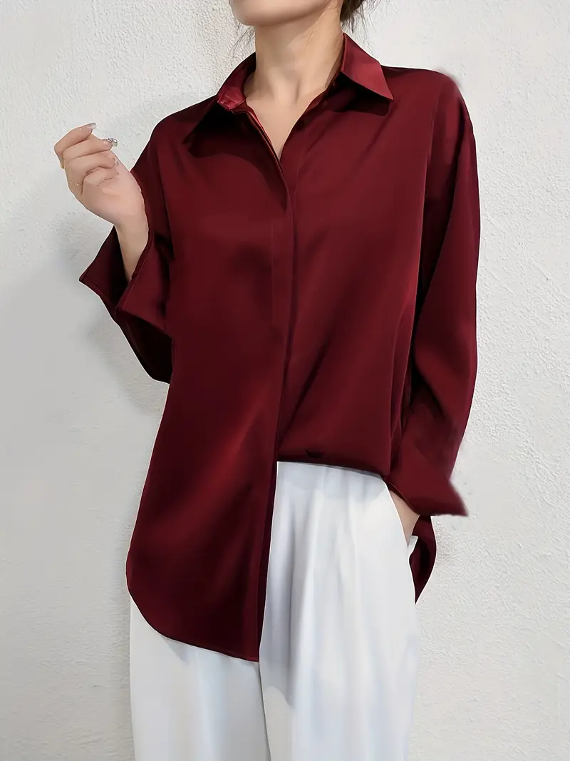 elegant womens satin long sleeve shirt burgundy - Temu elegant womens satin long sleeve shirt burgundy - Temu