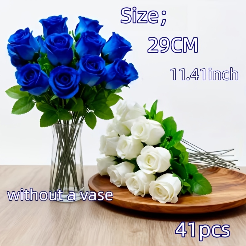 TEMU 41pcs - Realistic Blue And White Roses, High-fidelity Artificial Fabric Flowers, For Tabletop, Windowsill, Desktop, Living Room Decoration,