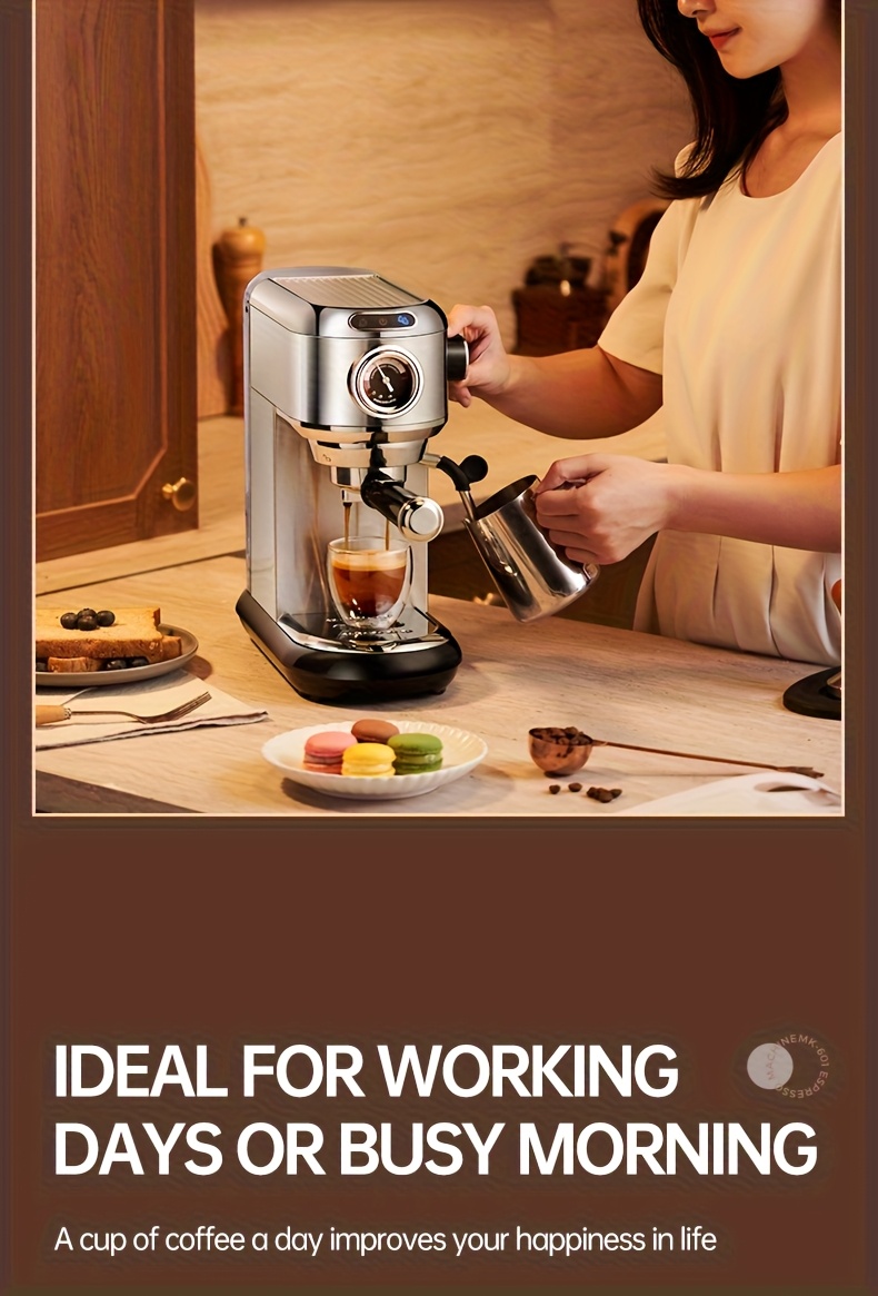 1 Unit CAFELFFEMK-601 Espresso Machine with Milk Frother, 20bar Extraction, Visible Pressure Gauge, Stainless Steel Body, Removable Drip Tray, 1.1L Water Capacity, Coffee Shop Gift Suitable for Lovers/father/mother, Office Equipment