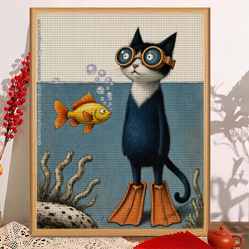 TEMU 1 Ensemble de Nouveau Kit de Broderie Imprimée Cadre, Motif "Chat Plongeur Rencontrant un Poisson Rouge", Ensemble d'Art de Décoration Maison