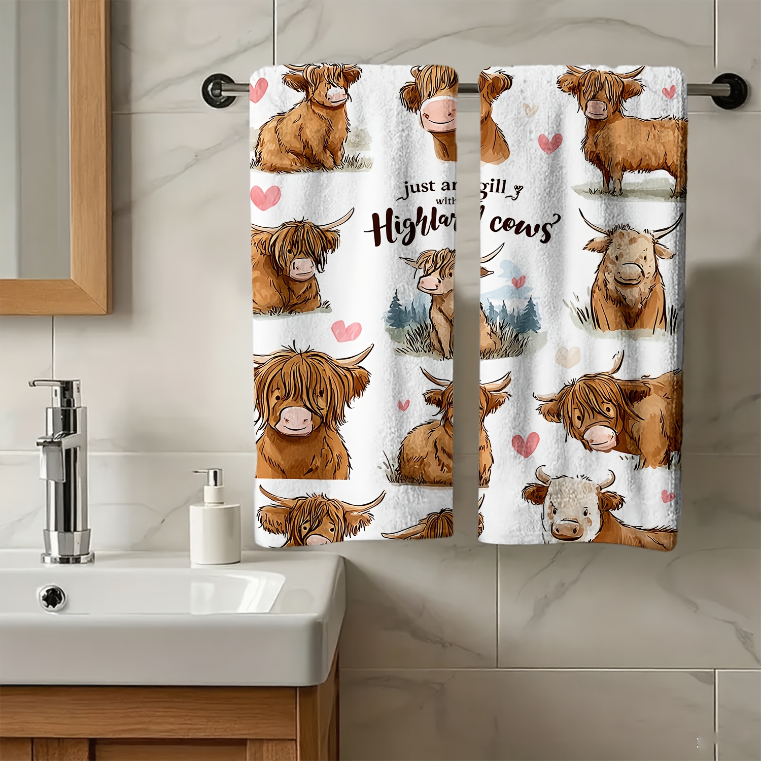 TEMU 1pc, 2pcs Hand Towel - Hand-painted Highland Cow Pattern - Soft Material, Absorbent Towel, Material, Minimalist Style, Suitable For