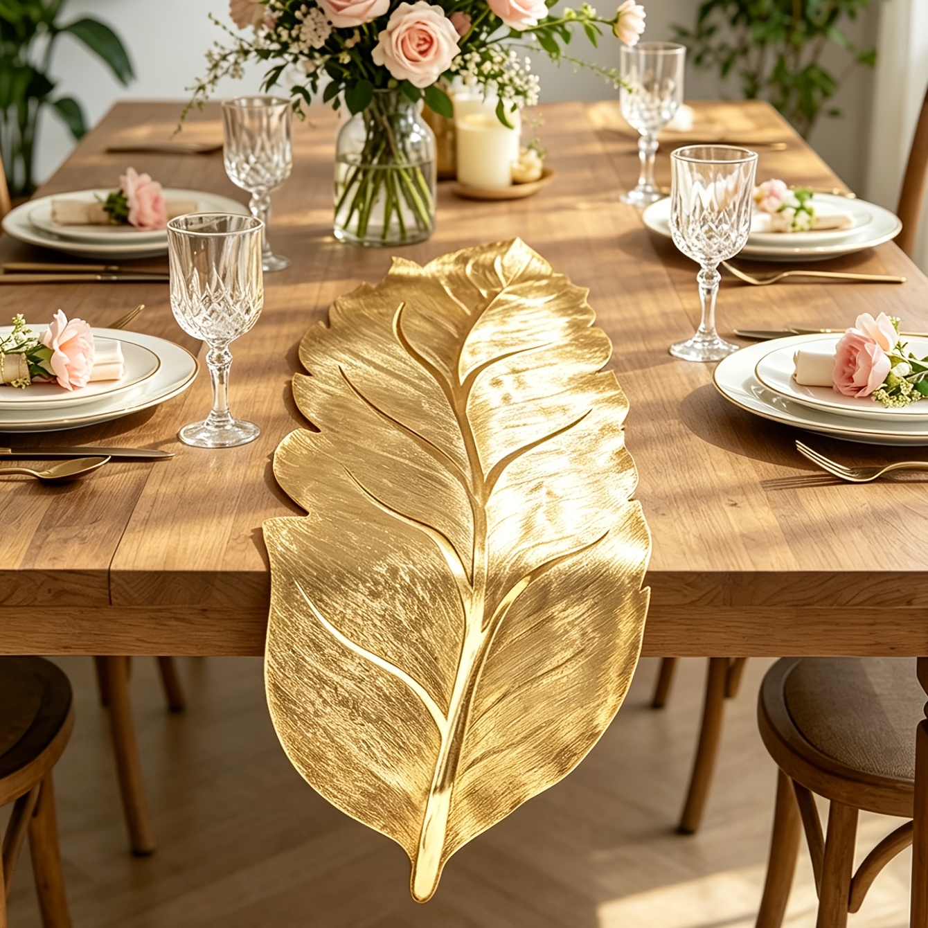TEMU 1pc 1pcs Leaf Table Runner Suitable For Wedding, Birthday Party, Banquet Table Decor - Pvc Foil Leaf Table With , Elegant For Dining Table