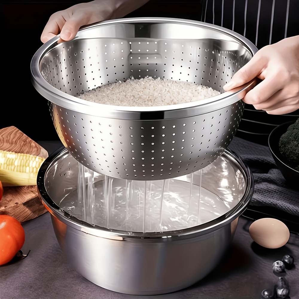 E-shop 2er-Set Mikro-Perforierte Filter-Schüssel aus Edelstahl - Mehrzweck-Sieb und Rührschüssel zum Waschen von Gemüse, Obst, Reis und zum Abtropfen