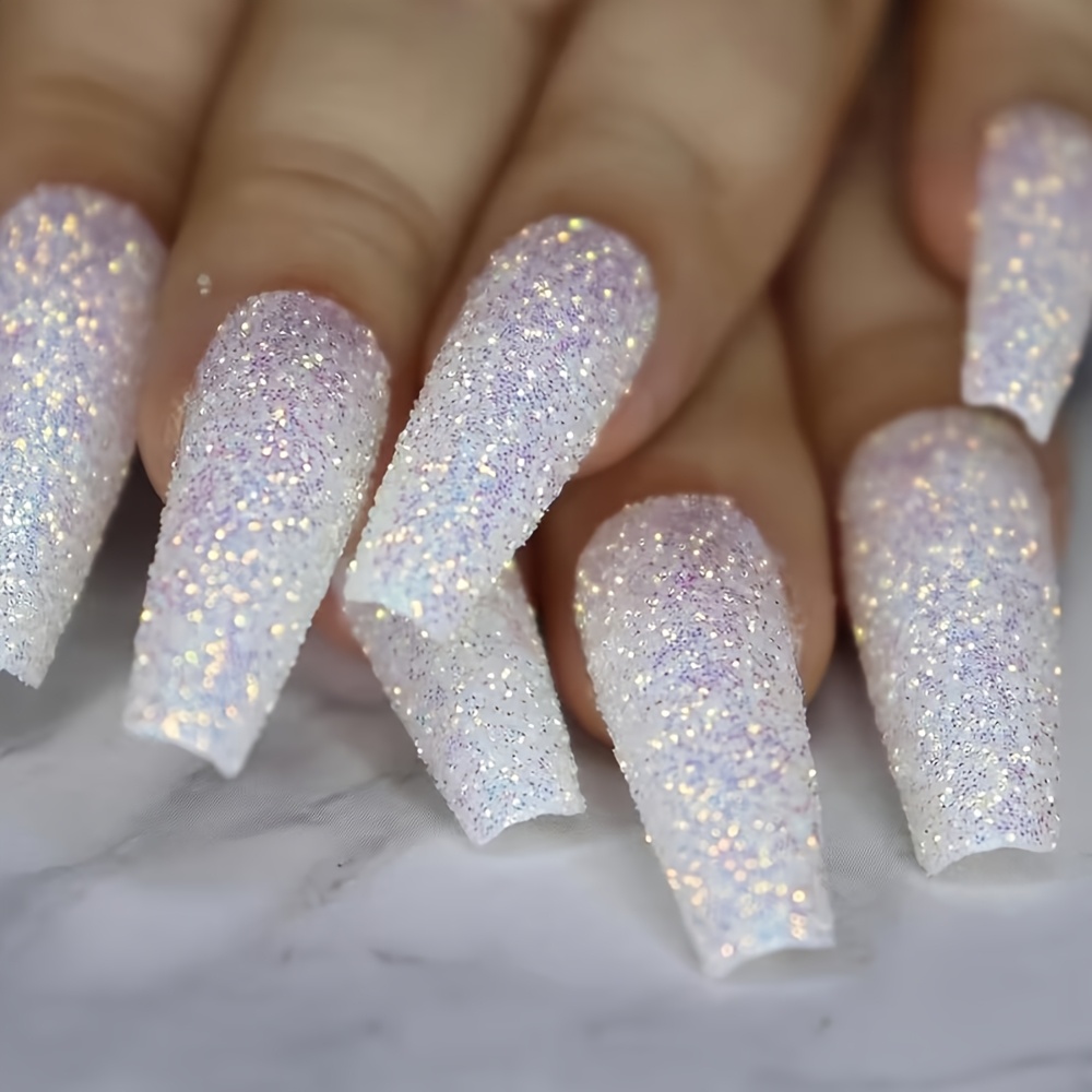 TEMU 24pcs Glitter Sparkly Press-on Nails Tips - Long Coffin Glitter White Acrylic Artificial Fake Nails, Glitter Valentines Day Press On Nails Long