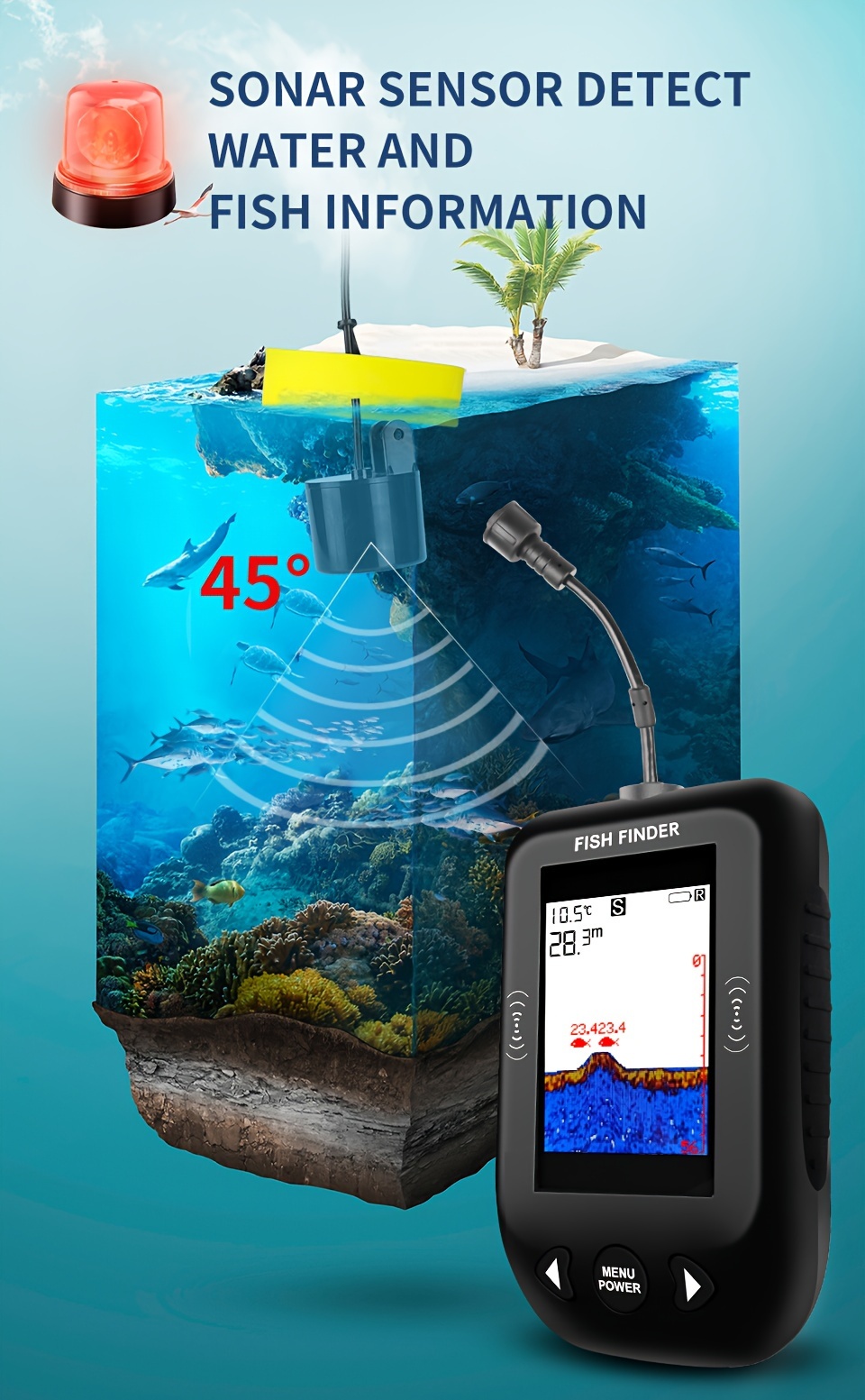 2.3'' LED US Portable Fish Finder Echo Sonar Alarm Sensor Transducer  Fishfinder
