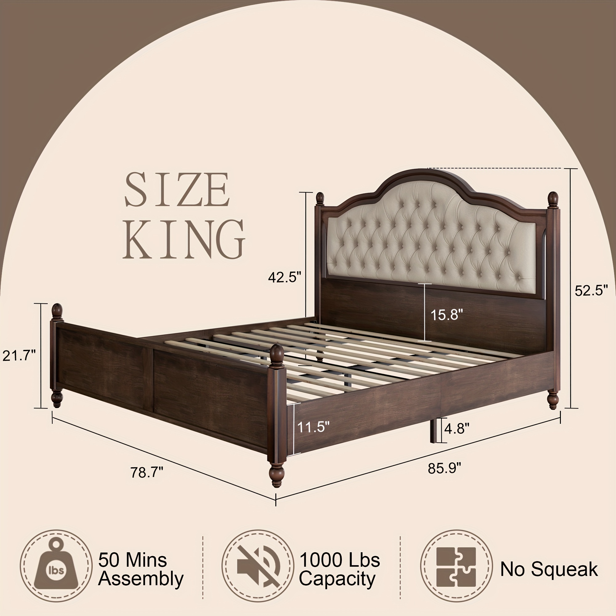 

Solid Wood Bed Frame, Platform Bed With An Elegant 52.5" Upholstered Tufted Headboard, Combining Durability And Style