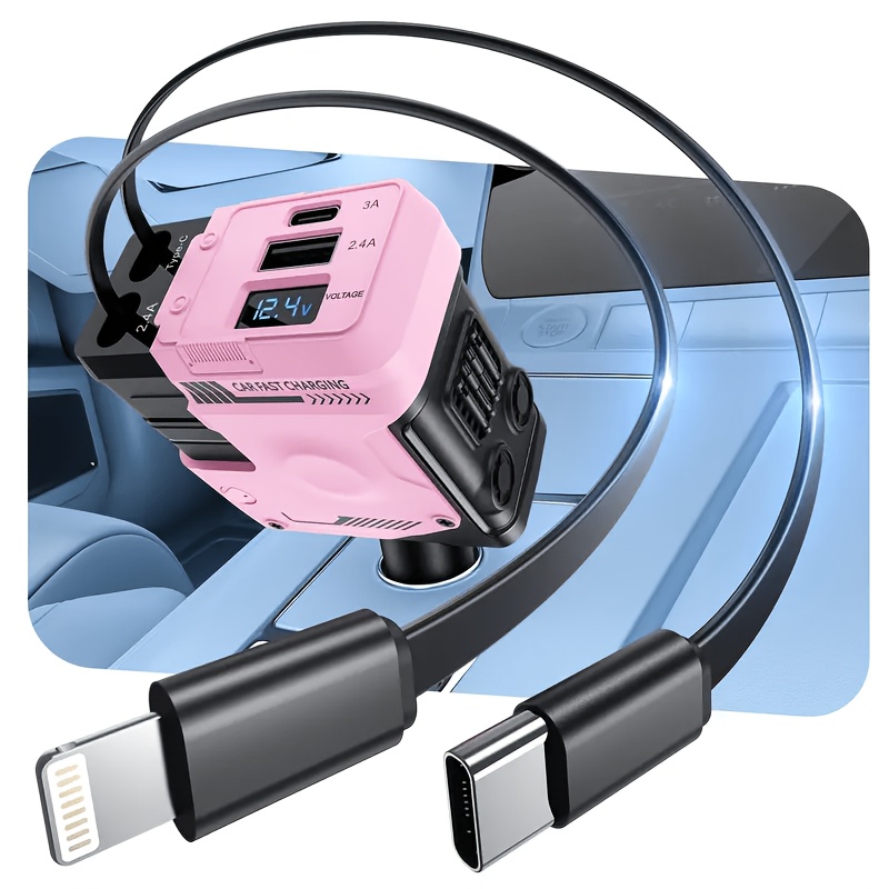 TEMU Multi-functional Car 66w Fast Charger, Built-in 80cm Type-c And Lightning Retractable Cables, Dual Usb Output 4-port Power Supply Max. 180Â° Free