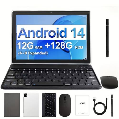 Tablet 10.1 Inch Android 14 OS Pad, 2in 1 Pad with Keyboard, Mouse, Case, Stylus Without Wireless Function, 128GB ROM 12GB 4GB+8GB Expanded RAM, Dual Camera, Eight Core Processor, 1280 * 800 IPS High-definition Display Screen, GMS Tab, 5G Wi Fi 6