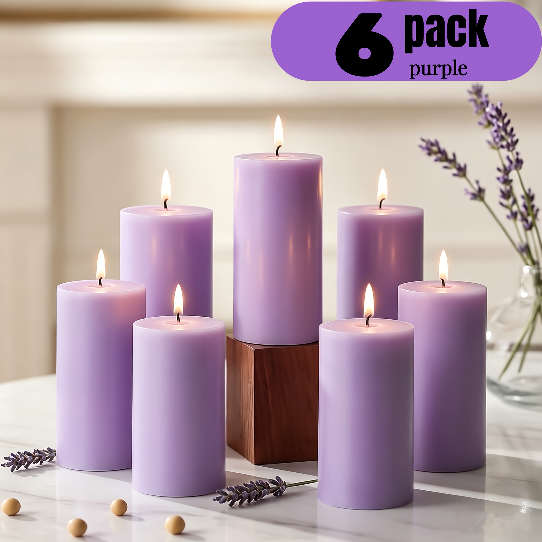 6/12pcs, 2×4 Inches, Lavender Scented Soy Pillar Candles, Purple Candles,   Home Use, Up to 105 Hours  , Long-Lasting And Clean Burning, Suitable for Bathrooms And Living Rooms, Ideal for Mother S Day