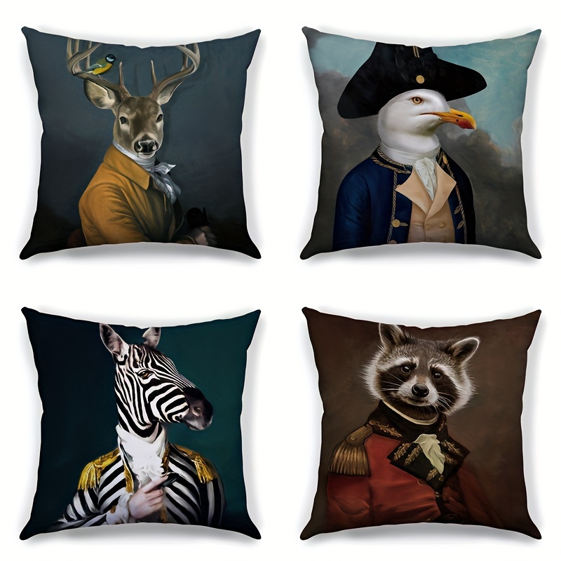 

4pcs Animal Head Pillowcase Set - Elk, Eagle & For Farmhouse Decor | Machine Washable Polyester Covers With Zipper Closure | Living Room Sofa & Bedroom