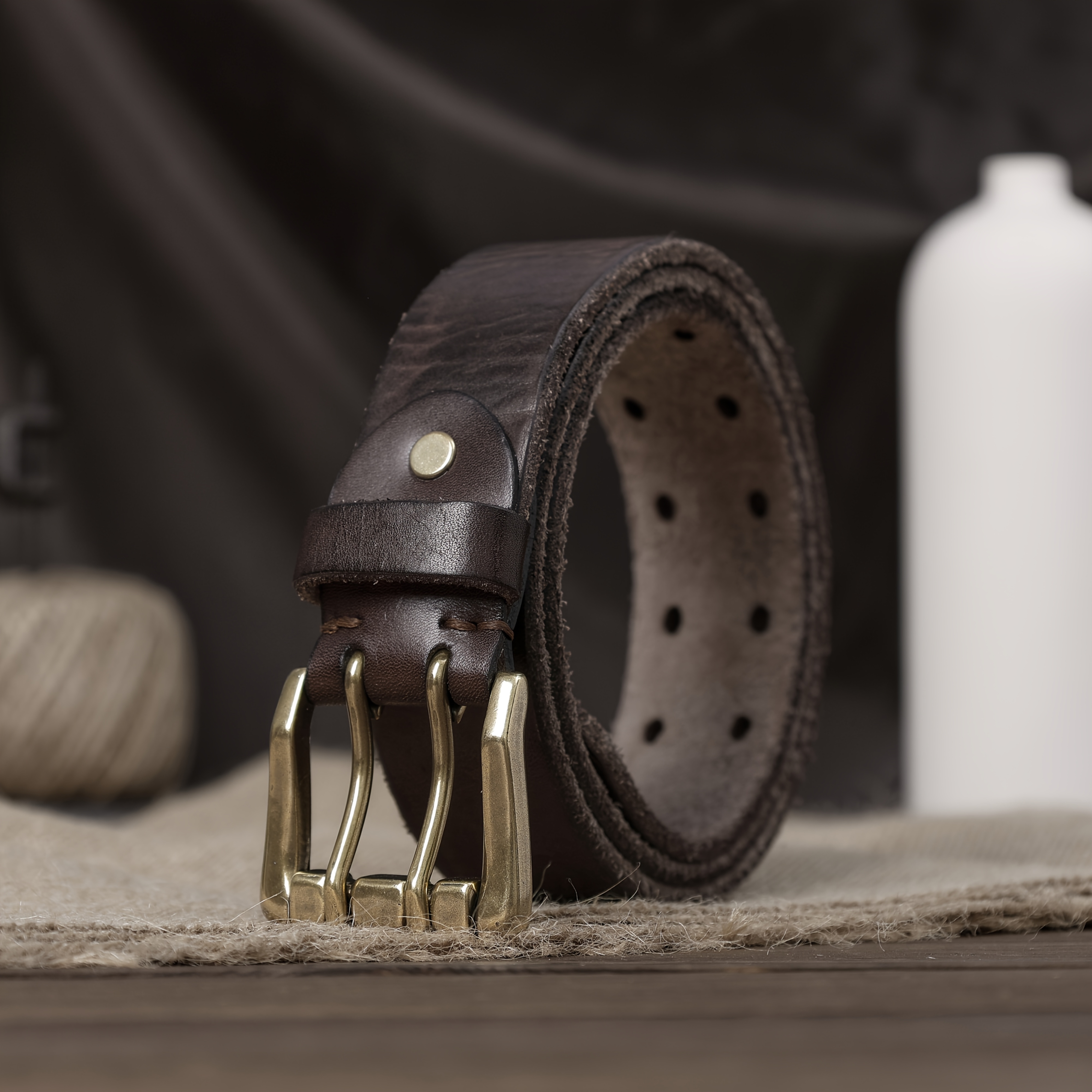 TEMU Handmade Vintage Top-grain Leather Belt With , Distressed Vegetable-tanned Leather Waistband For Men, Versatile And Durable Belt For Casual Wear