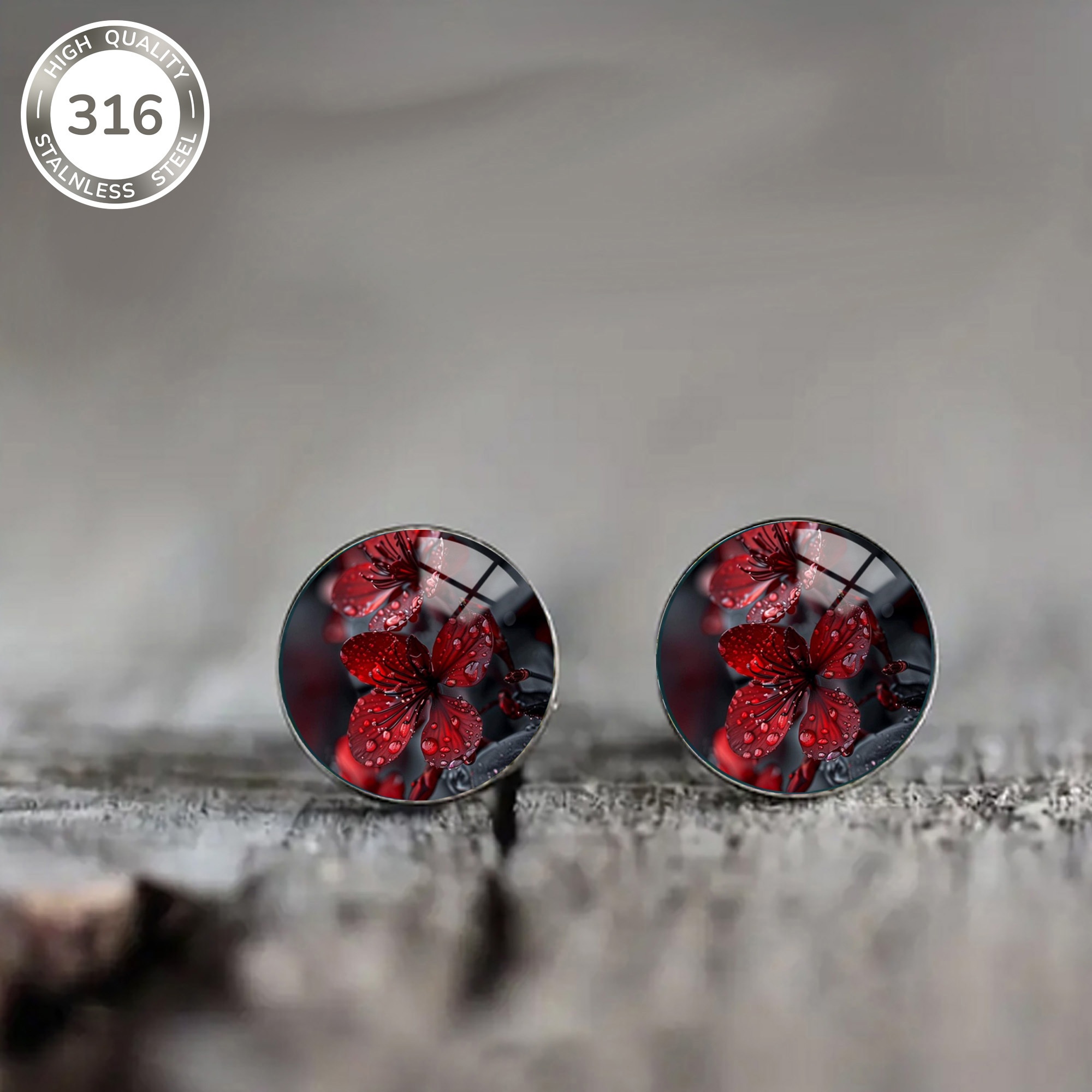 1 Pair Of Red Dewdrop Flower Pattern Steel Ear Studs, Fresh And Elegant Style Earrings For Men And Women, Daily Wear Or Party Accessory, Holiday Gift