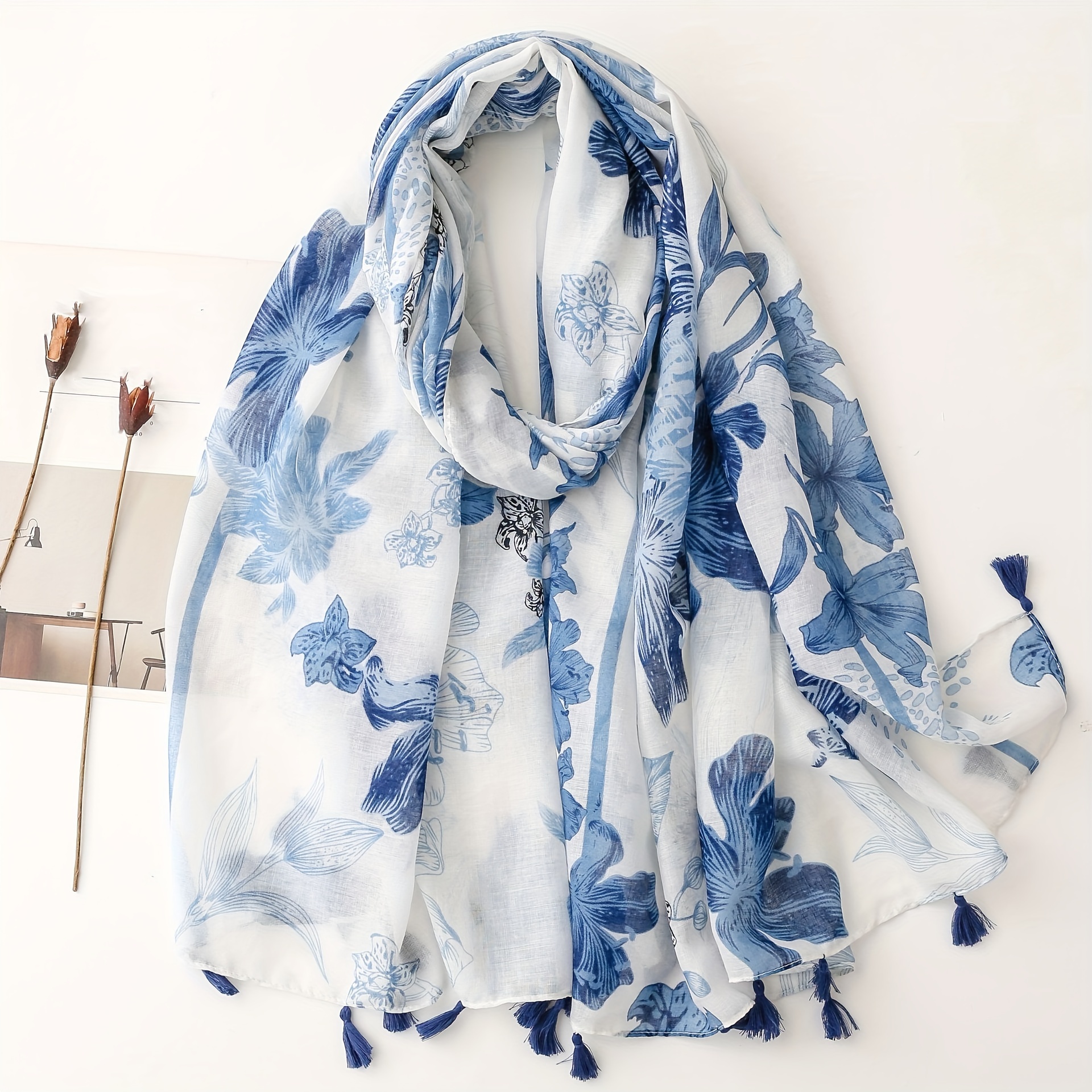 

Bohemian Style Cotton-linen Scarf, Vintage Blue & White Porcelain Printed Shawl, Bali Yarn Silk Shawl With Tassel, Floral Watercolor Women's Wrap With Tassels
