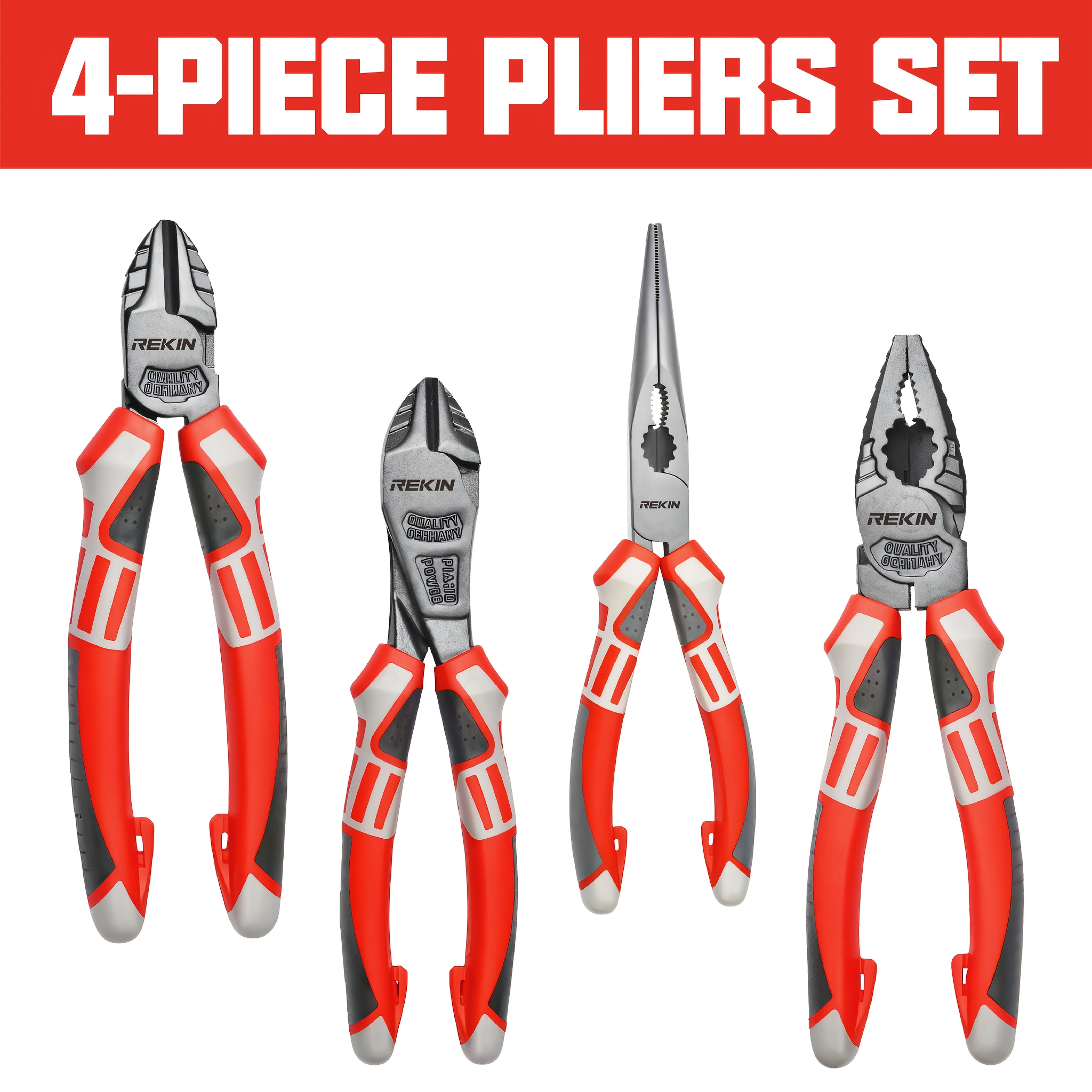 E-shop Deutsche Industrie-Zange 3/4-teiliges Set: 8-Zoll-Drahtschneider, 8-Zoll-Langzange, 7-Zoll-Diagonalzange und 7-Zoll-Hochleistungs-Diagonalzange.