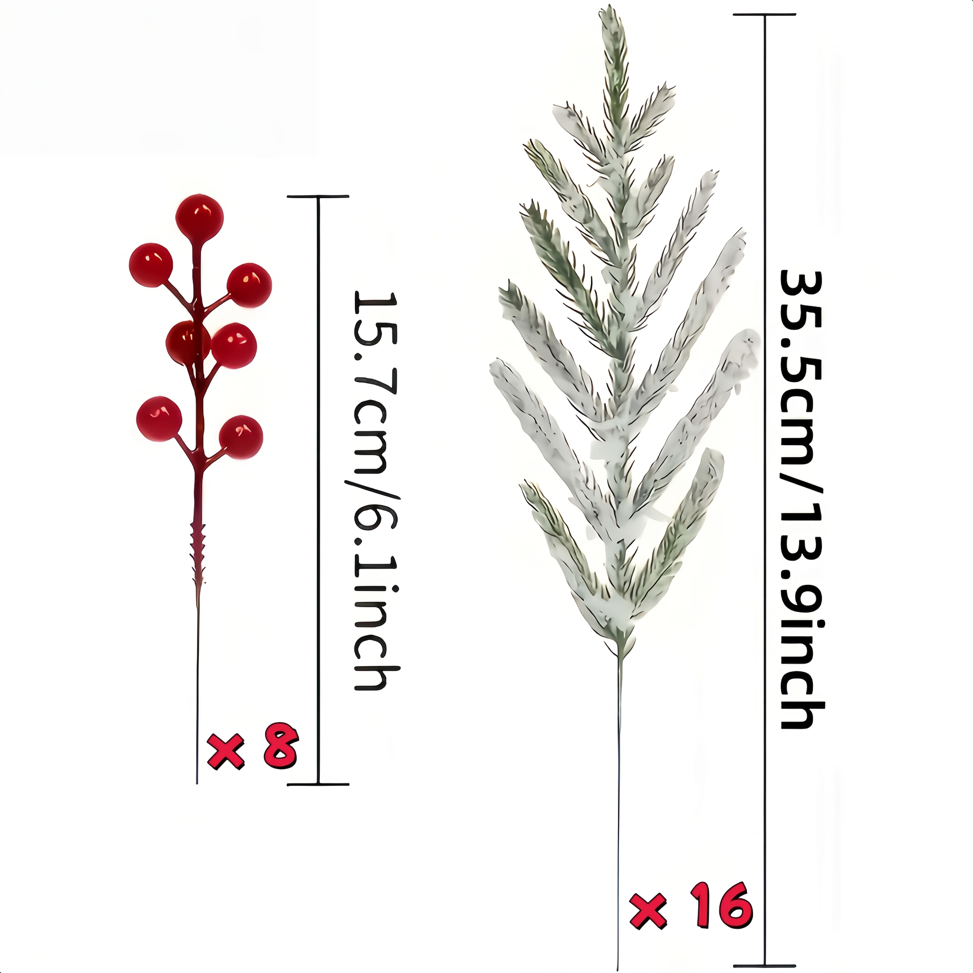 TEMU 24pcs Outdoor Artificial Norfolk Pine Branches With Red Berries - Realistic Fake Pine Wreath, Dense Green Needles With Snow Cover, Suitable For