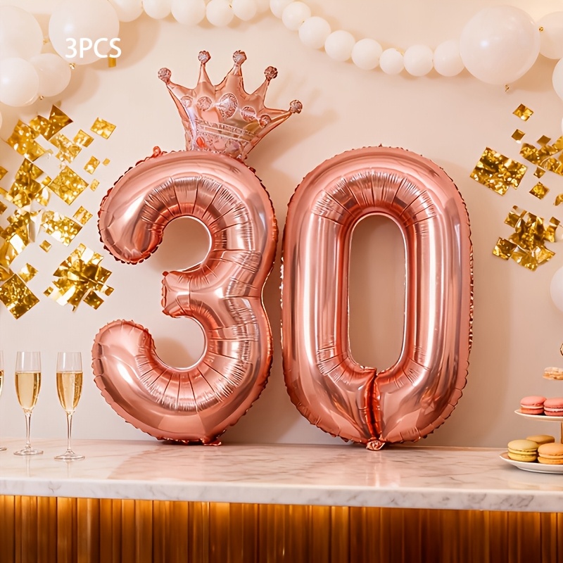 Image of 3pcs Rose Crown Balloon Set, Includes 2 X 32-inch Foil Number 30 Balloons And 1 X 15-inch Rose Balloon. Mixed And For Parties To Create A Festive Atmosphere. Perfect For Birthday Decorations