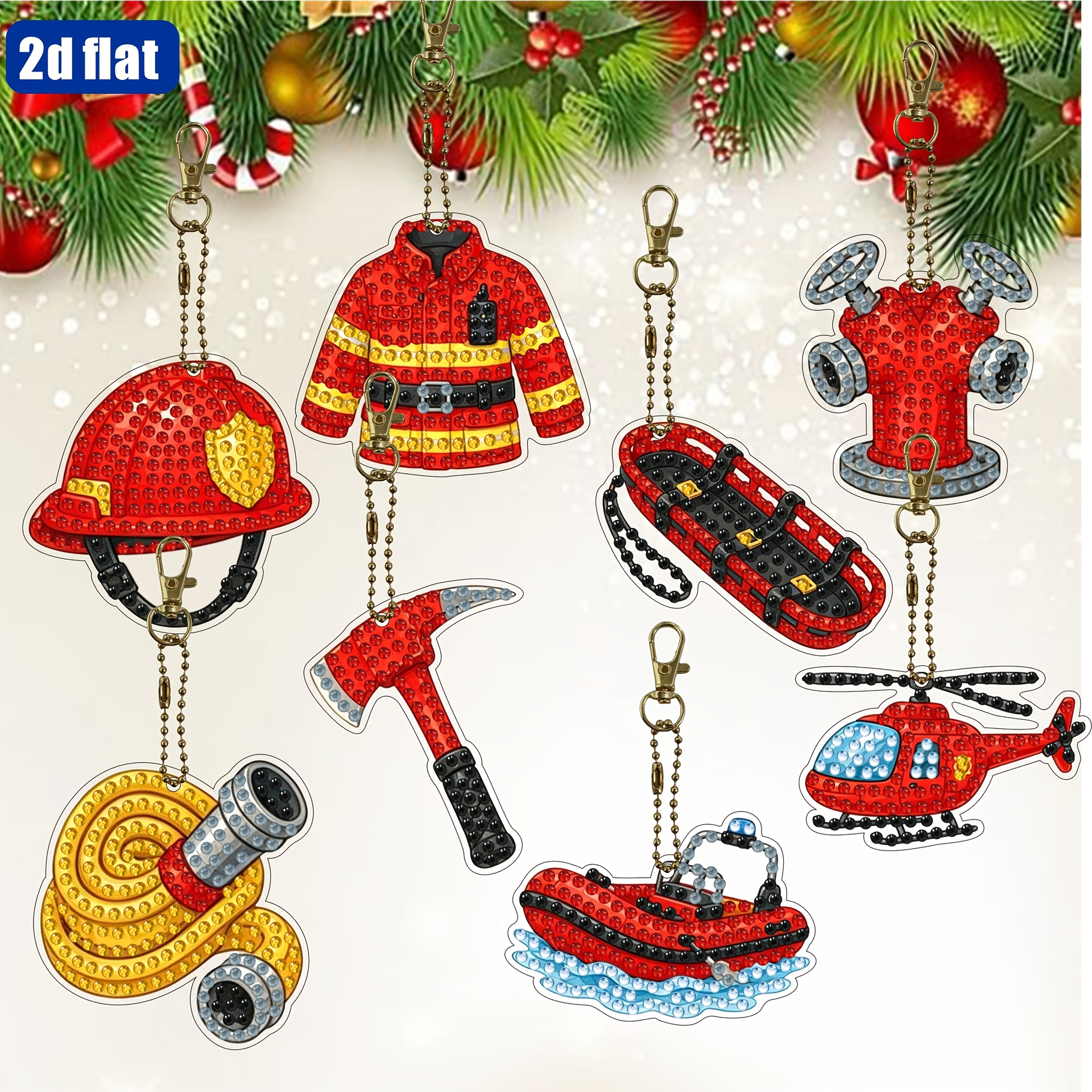 TEMU 2d/flat Printing 8pcs Set, Double-sided Fire Theme Diamond Painting Keychain Set With Helmet, Kayak, Hose Patterns Suitable For Christmas Gift