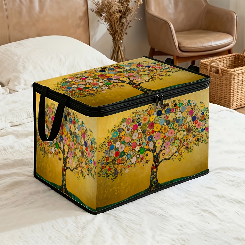TEMU 1pc Upgraded Large Capacity Storage Organizer Container With Lid, Gustav Klimt Tree Of Life-golden Colorful Circle Artistic Quilt And Pillow