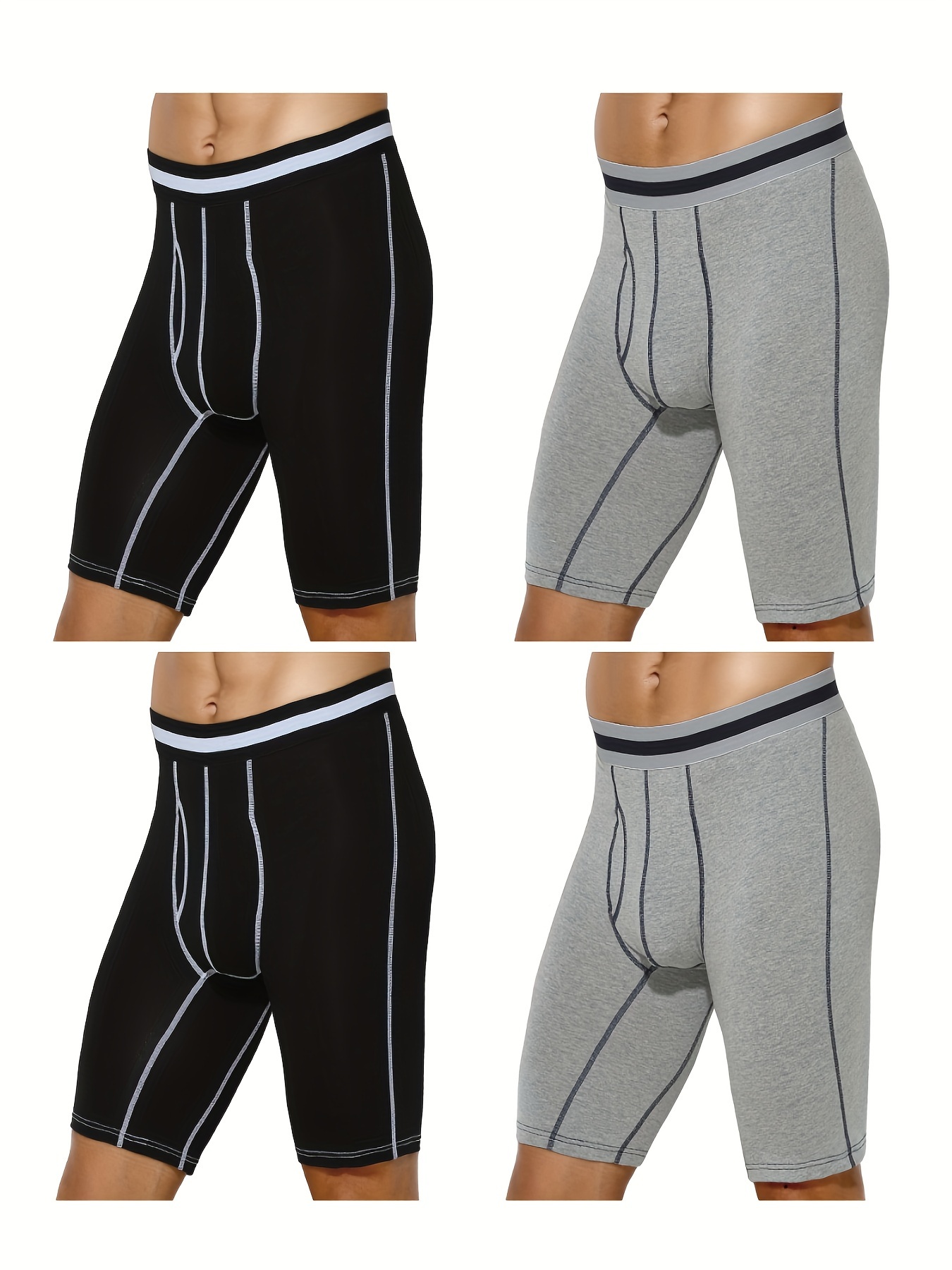 4pcs Men's Long Leg Cotton Underwear Total Support Pouch Boxer Briefs with Open Fly Pouch, Men's Cycling Sports Wear Bottoms, Moisture Wicking & Breathable Slimming Shapewear Body Shape for Men - Image 4