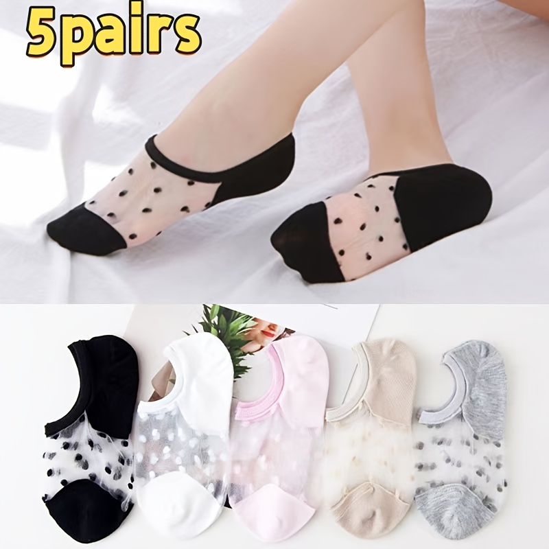 5 Pairs Of Women's Summer Short Socks, Thin And Transparent With Polka Dot Pattern, Suitable For Daily Commuting Wear