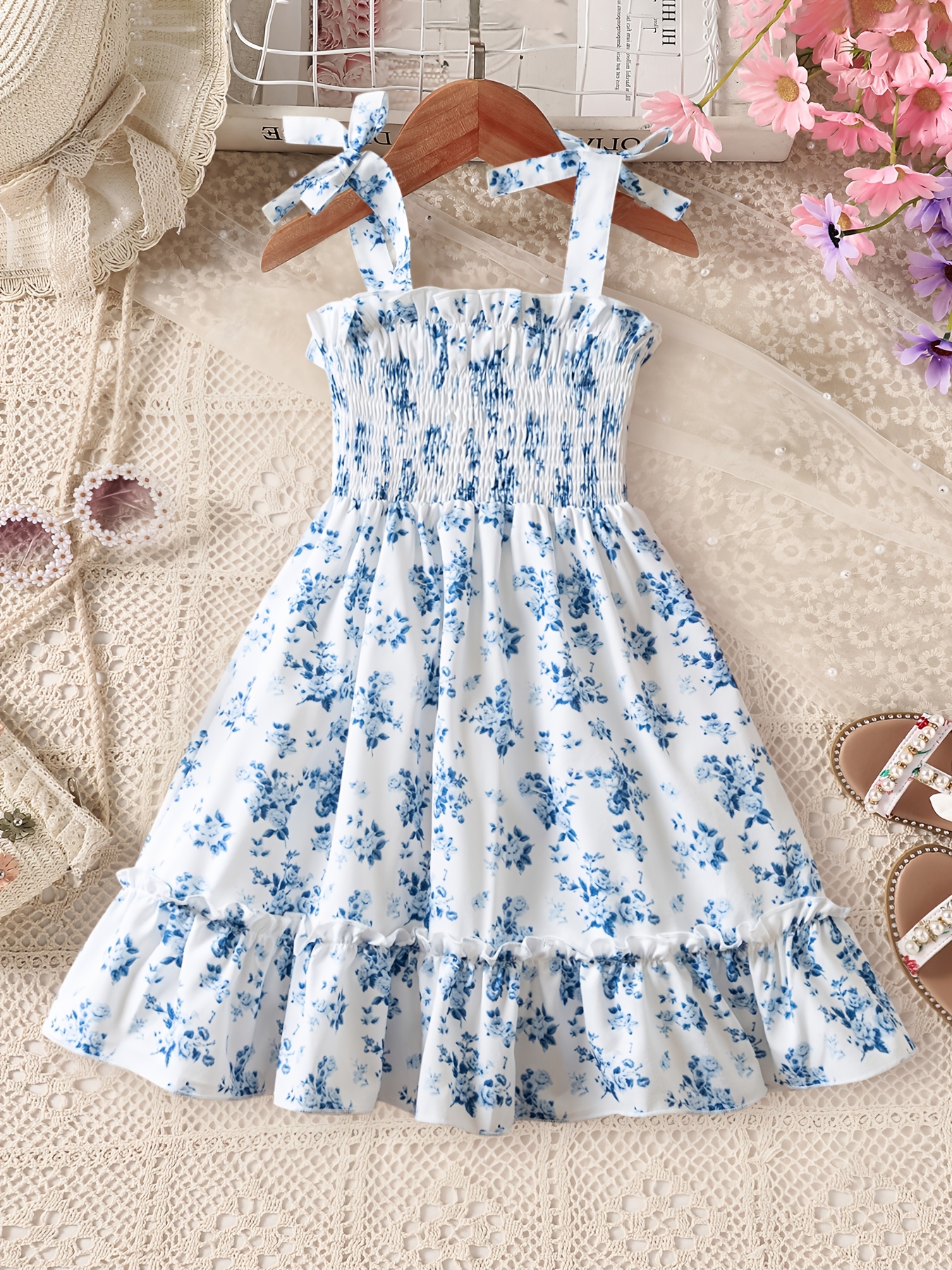 Kids Boho Floral Sundress Spaghetti Strap Bow Tie Smocked Bodice Ruffle  Skirt Casual Dress for 3-7Y