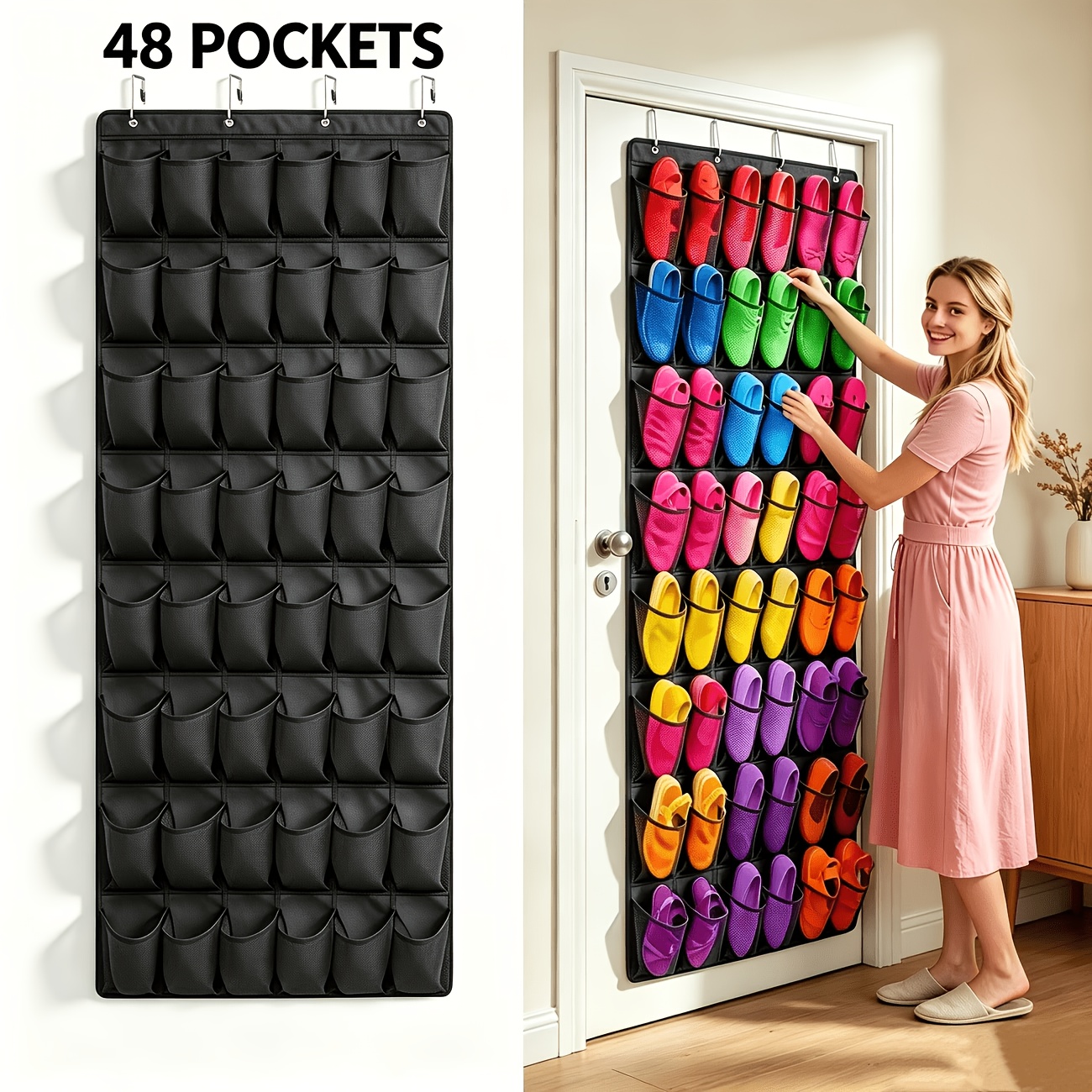 TEMU 1pc 48-grid Thickened Hanging Storage Pouch, Creative Mesh Design, Transparent, Black, White, Gray, Suitable For Behind Doors, Bathrooms