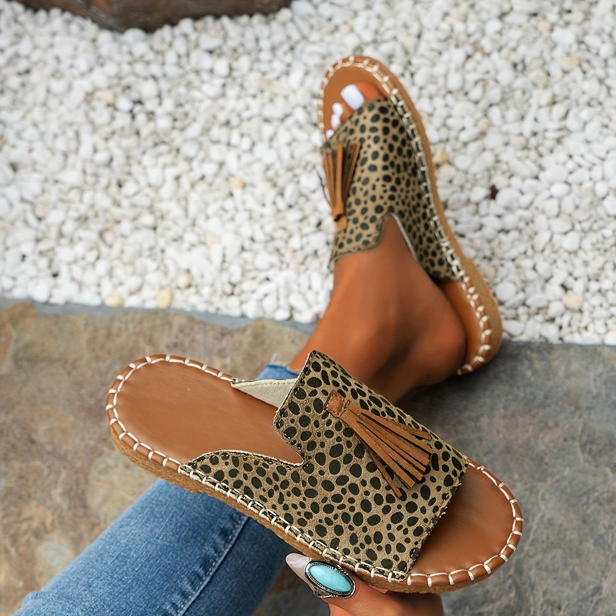 women's leopard print flat slides tassel decor toe - Temu Mexico