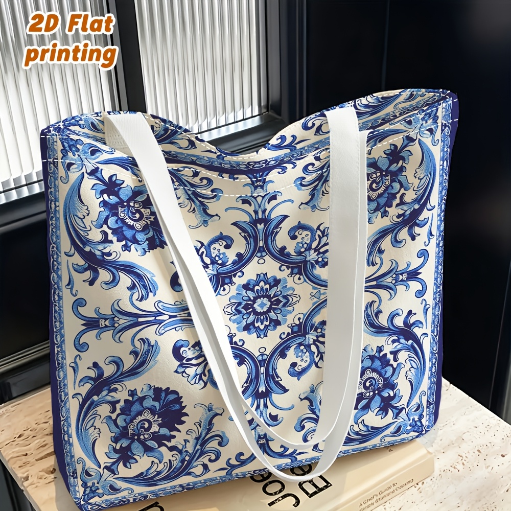 TEMU 1pc Women's Blue Floral & Suitable For Suitable For Use As Handbag Or Crossbody Bag, Reusable Tote Shoulder Bag With Flower Print, Machine