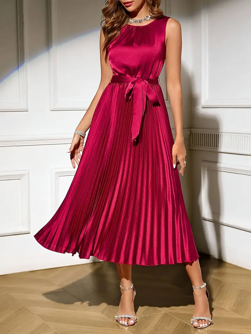 Women's Sleeveless A-Line Midi Dress with Adjustable Waist Tie - Solid Color Round Neck Pleated Hem Beach Sun Dress, Machine Washable * Elegant Casual & Formal Wear, Beach Dresses, No Stretch Fabric Women's Sleeveless A-Line Midi Dress with Adjustable Waist Tie - Solid Color Round Neck Pleated Hem Beach Sun Dress, Machine Washable * Elegant Casual & Formal Wear, Beach Dresses, No Stretch Fabric