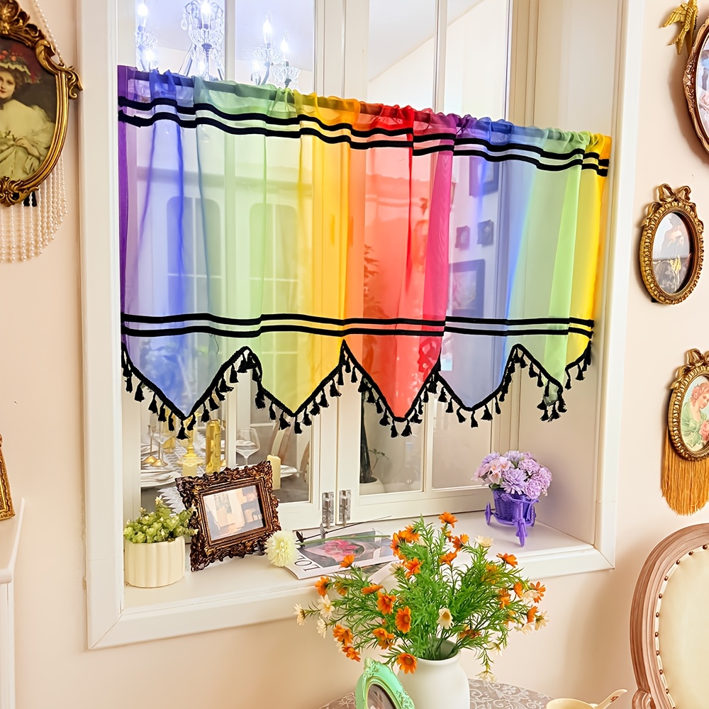 Image of 1pc Vibrant Rainbow Gradient Sheer Cafe Curtain With Black Tassel Trim, Colorful Ombre Short Window Valance, Rod Pocket Semi-sheer Curtain For Room Bedroom, Decor