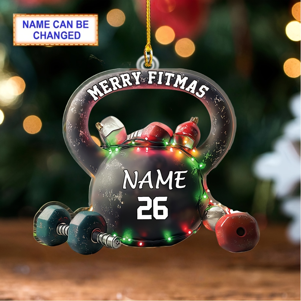 TEMU 2d Flat, 2d Flat Custom Name 2026 Xmas Kettlebell Acrylic Tag, Dumbbell Set Wrapped Fairy Lights, Holiday Baubles & Merry Print, For Christmas