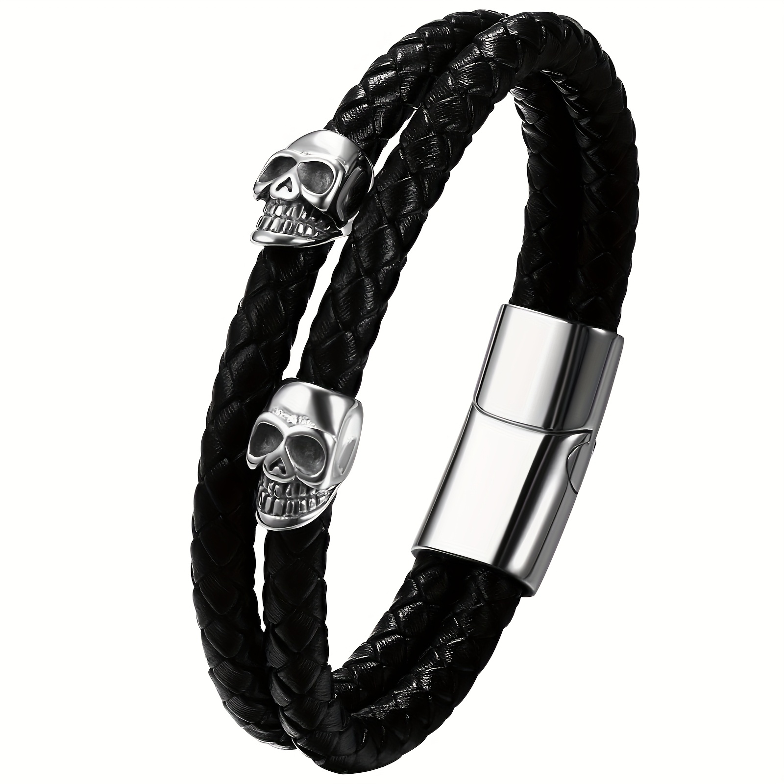 Image of Men' Layer Braided Bracelet: Braided Cuff Bracelet Vintage Skull Bracelet - Valentine's Day Christmas Birthday Father's Day Anniversary Jewelry Gift