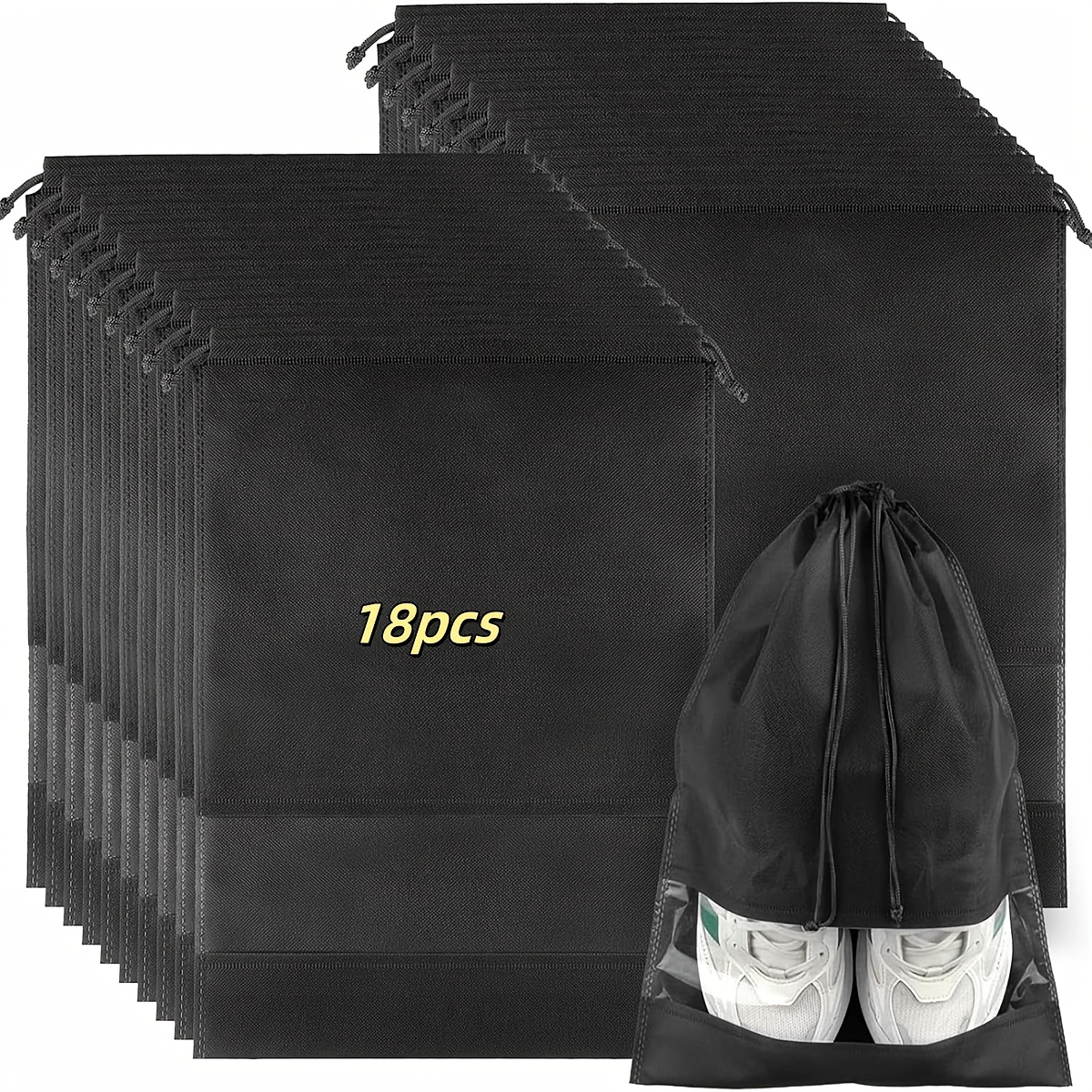 Image of 18pcs Black Travel Shoe Bags With Clear Window - Durable, Dustproof Non-woven Fabric Storage Pouches With Drawstring Closure For , Shoe Protection Bags|minimalist Shoe Bag|durable Shoe Cover