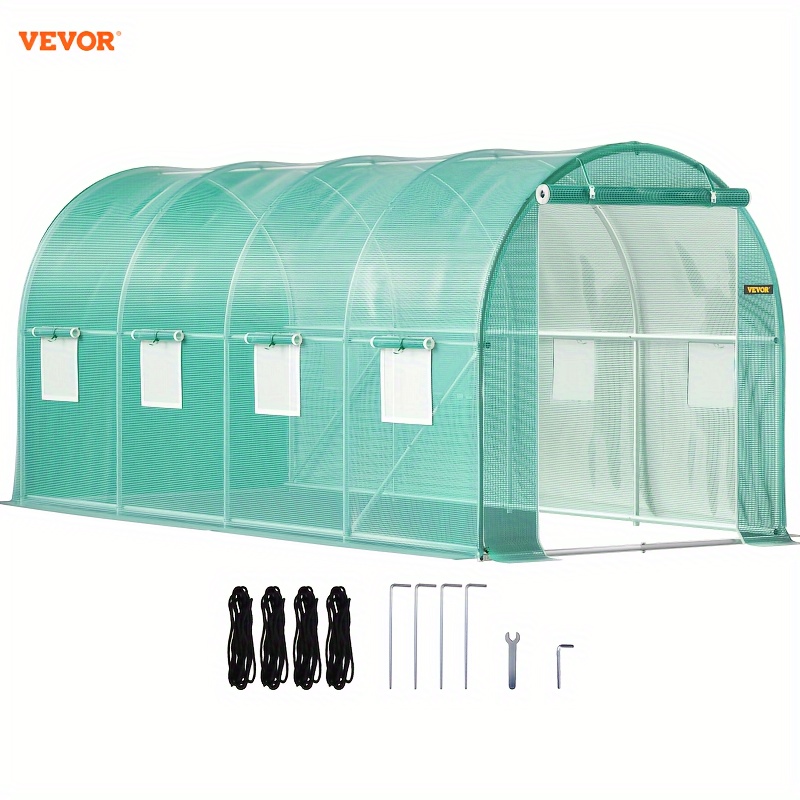 

Vevor Walk-in Tunnel Greenhouse, 15 X 7 X 7 Ft Portable Plant With Galvanized Steel Hoops, Beam, 2 Poles, 2 Zippered Doors & 8 Roll-up Windows, Green