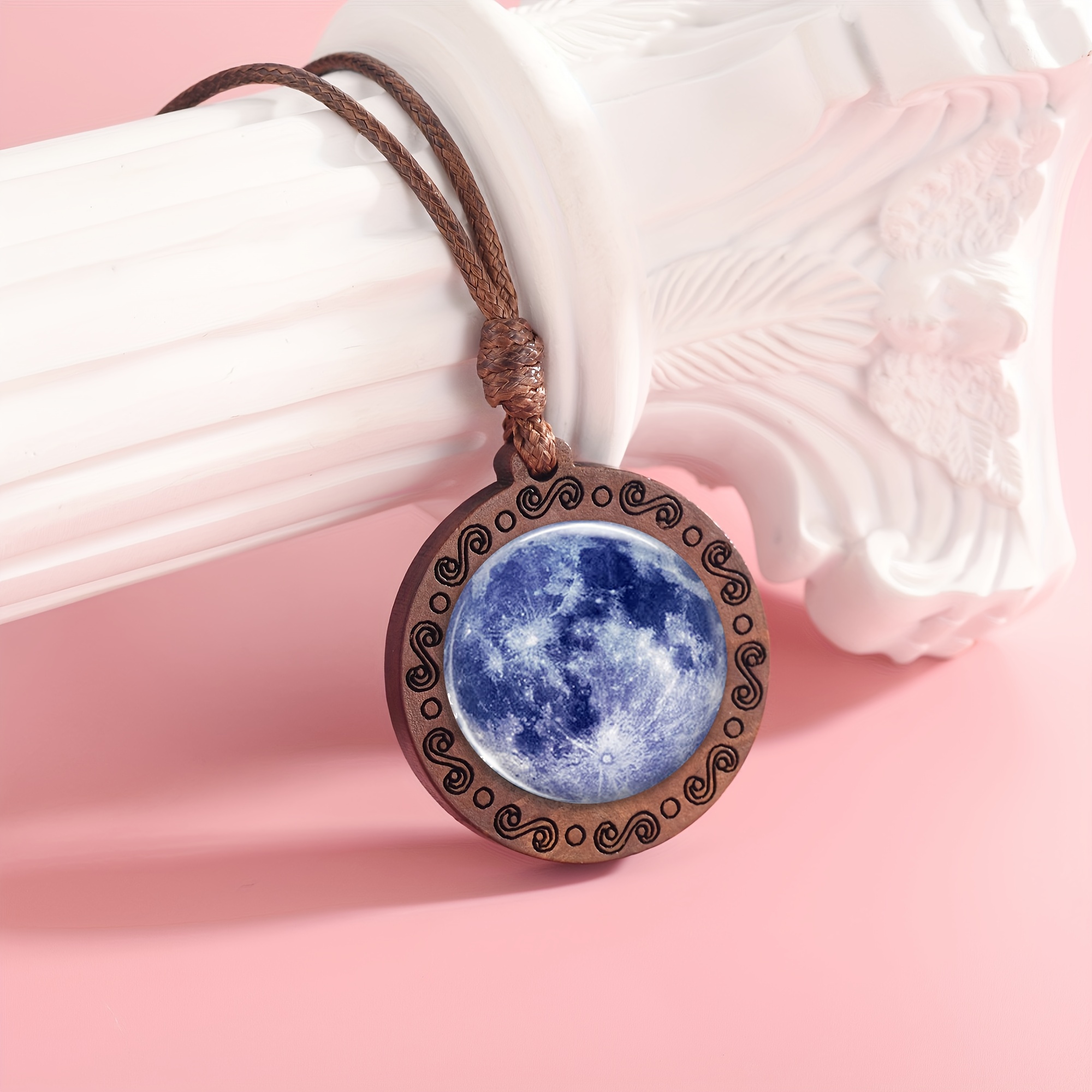 Handcrafted Blue Moon Surface Wooden Pendant Necklace