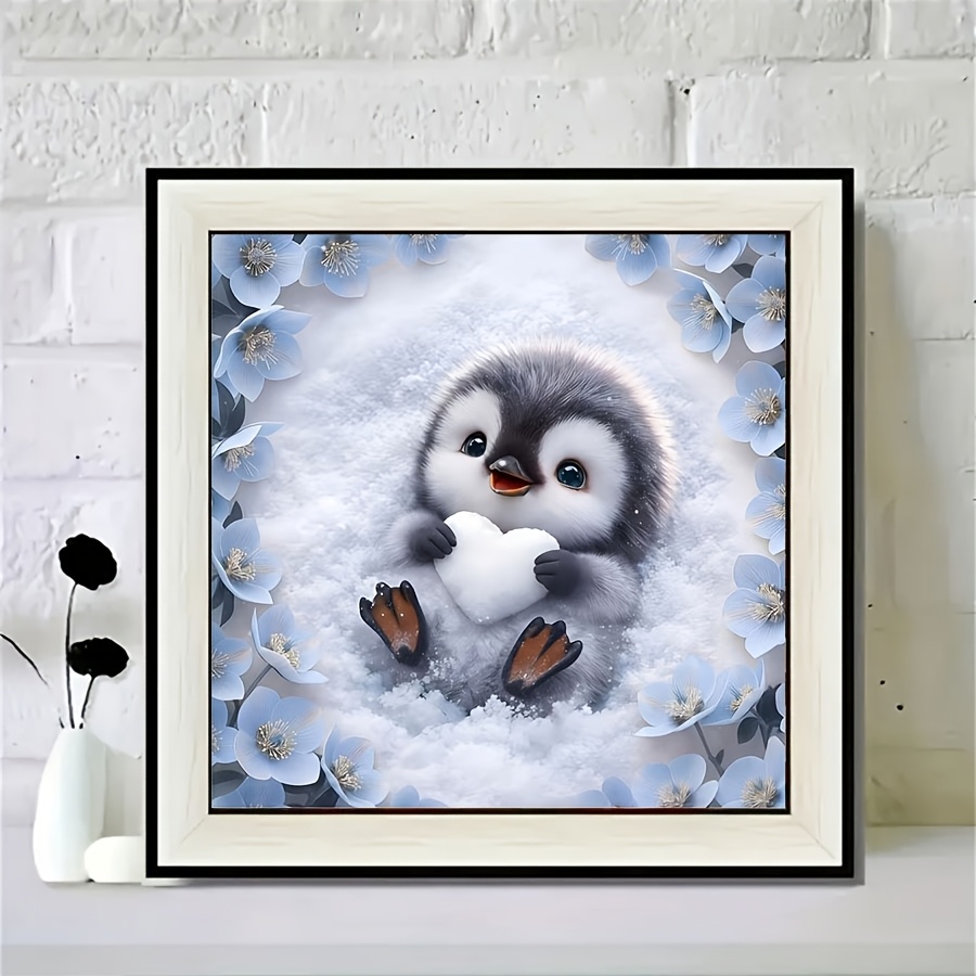TEMU New 5d Diamond Painting Kit - Love Heart Penguin And Blue Flowers, Round Full Diamond Acrylic Artwork, Living Room, Bedroom, Decoration,