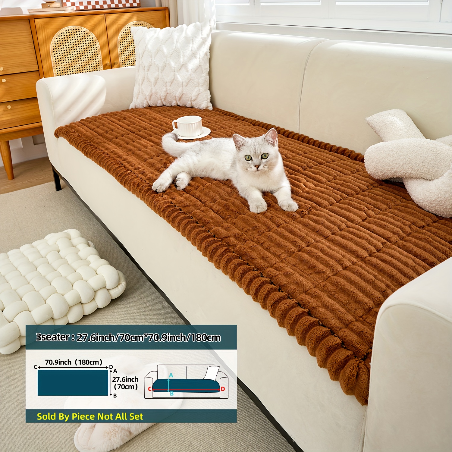 TEMU 1pc Bohemian Plush Sofa Cushion With Edges, Pet-friendly Four-season Non-slip Protective Cushion, Suitable For Single-seat To 4-seat Sofa