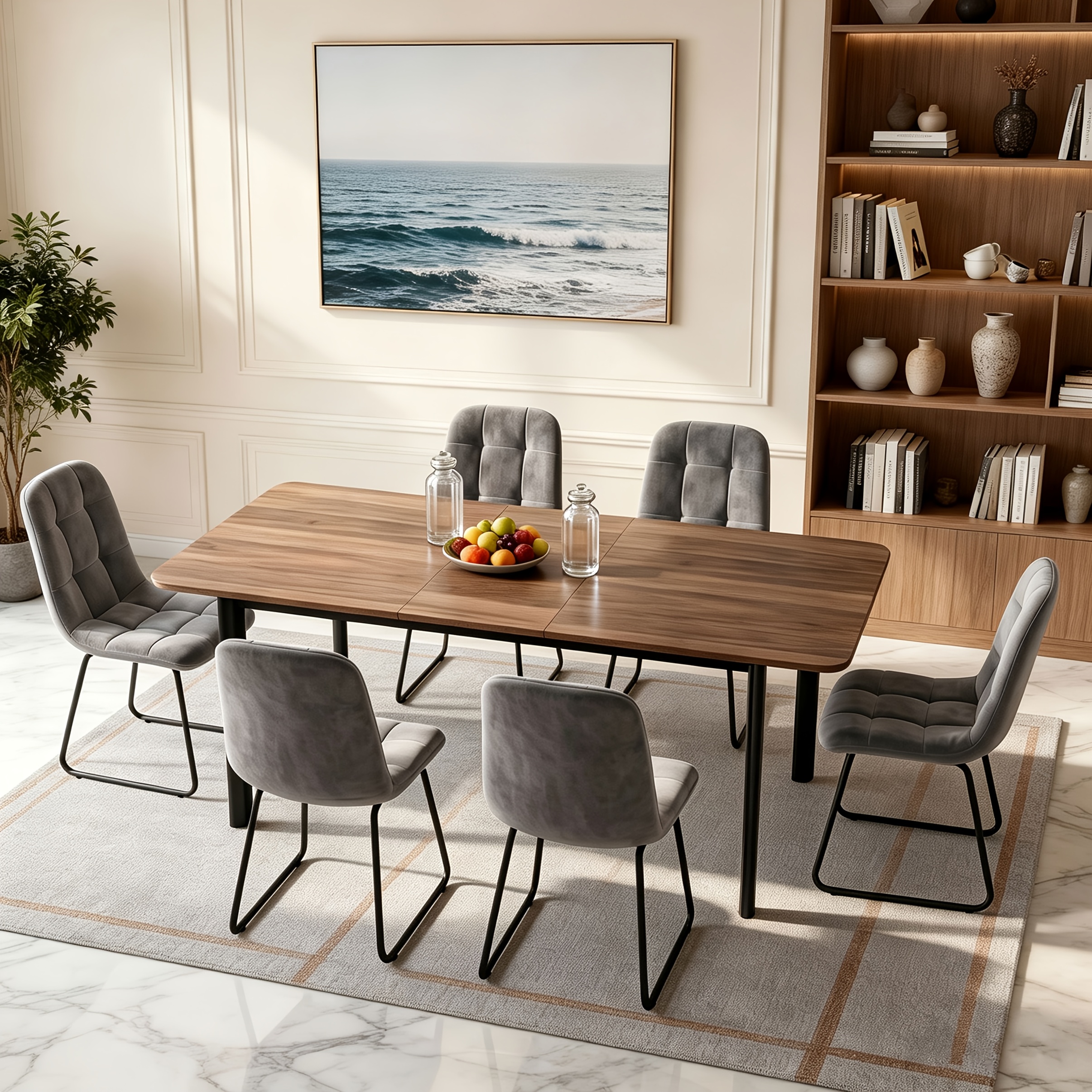 Elegant Modern Extendable Dining Table And Chair Set, 160-200cm Extendable Table With 6 Flannel High-back Chairs, Mdf Tabletop , Comfortable Cushions