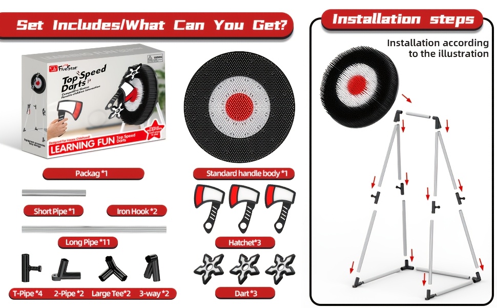 TopSpeed Darts Black Series Axe Throwing Game Set - Includes 3 Plastic Axes, Adjustable Collapsible Stand & Bristle Target, Safe for Indoor & Outdoor Play, Fun Sports Toss Game for Adults & Youngsters, Red/Black Silicone