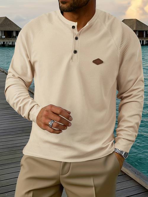mens casual american waffle knit drop shoulder long sleeve henley shirt