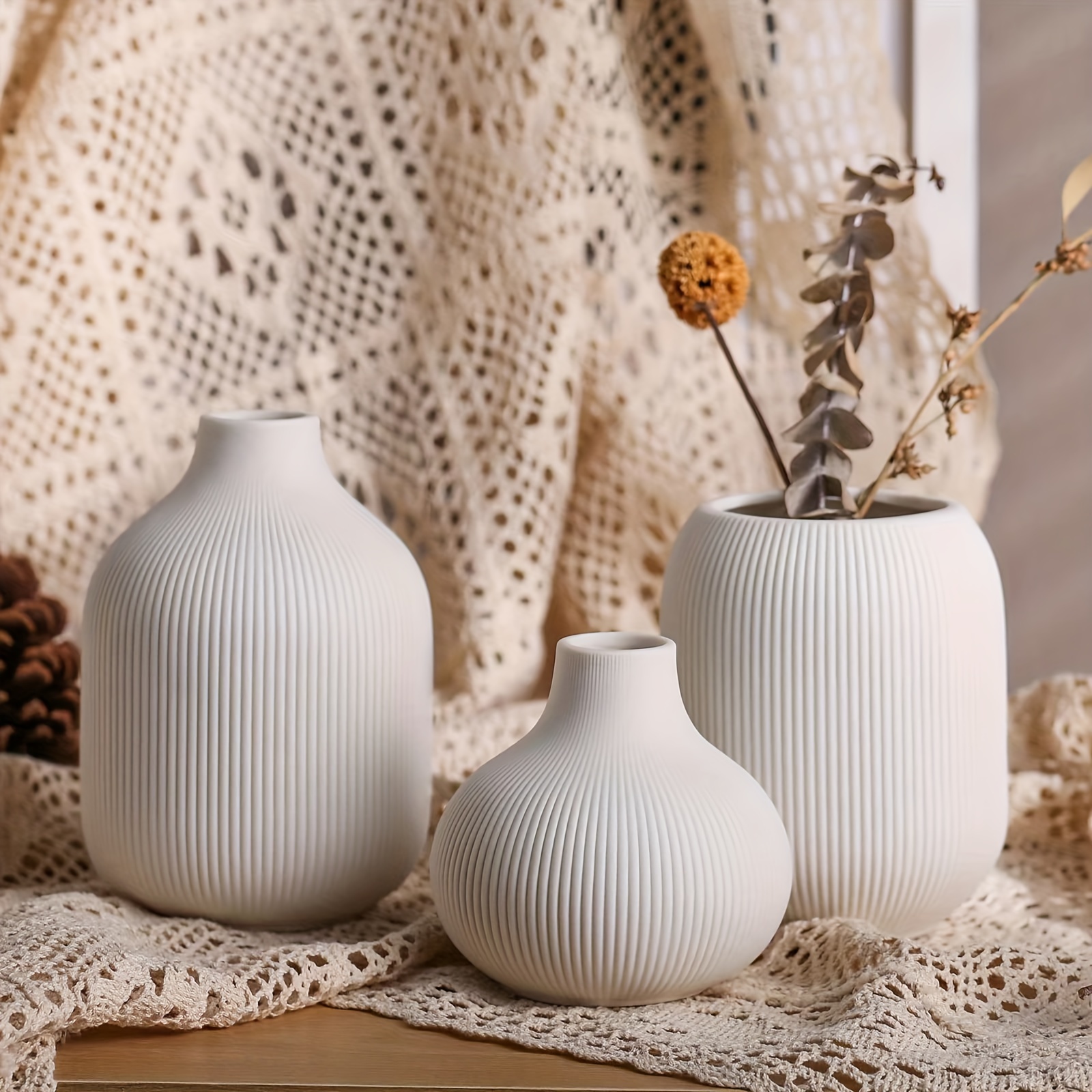 

Contemporary White Ceramic Vase Set: Neutral Small Ribbed Vases For Table, Shelf, Bookshelf, And Entryway Decor