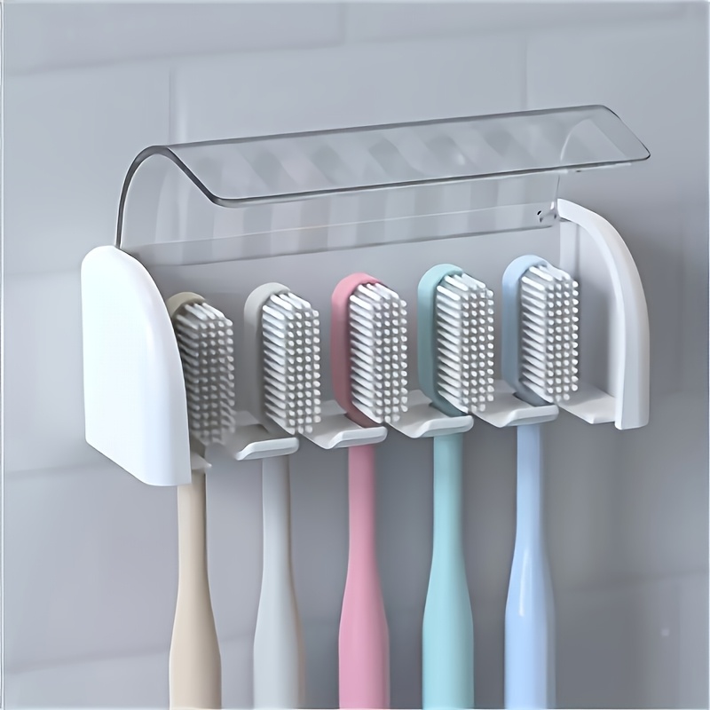 

5-slot Toothbrush Holder With Lid, Self-adhesive Wall Toothbrush Storage Rack, Plastic Bathroom Amenities, Suitable For Dorm Rooms And Showers, Holds 5 Teeth