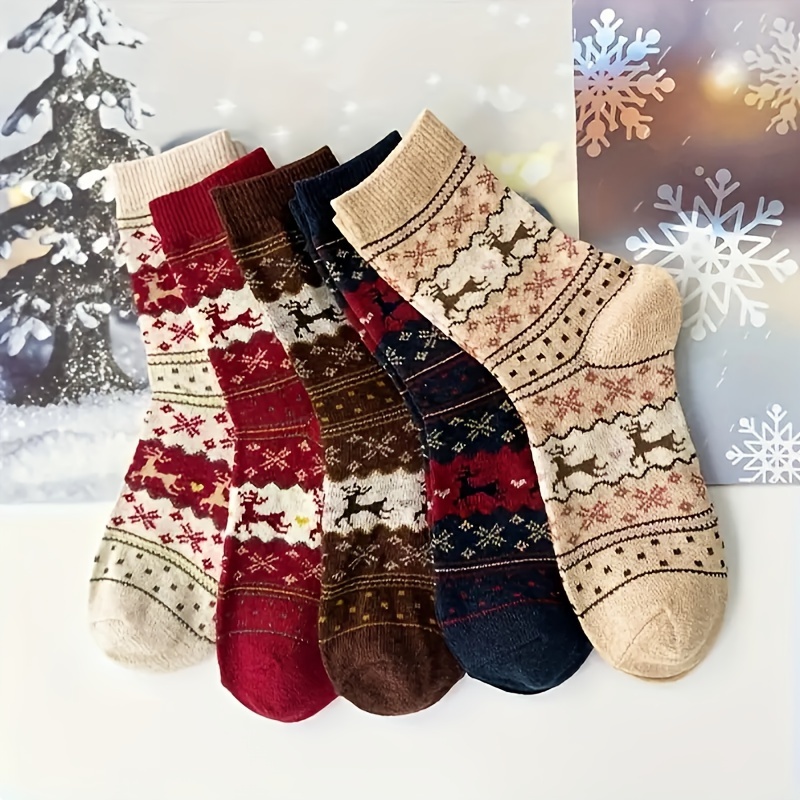 

5pcs Cozy Thick Women's Socks - Festive Reindeer & Snowflake Design, For Winter