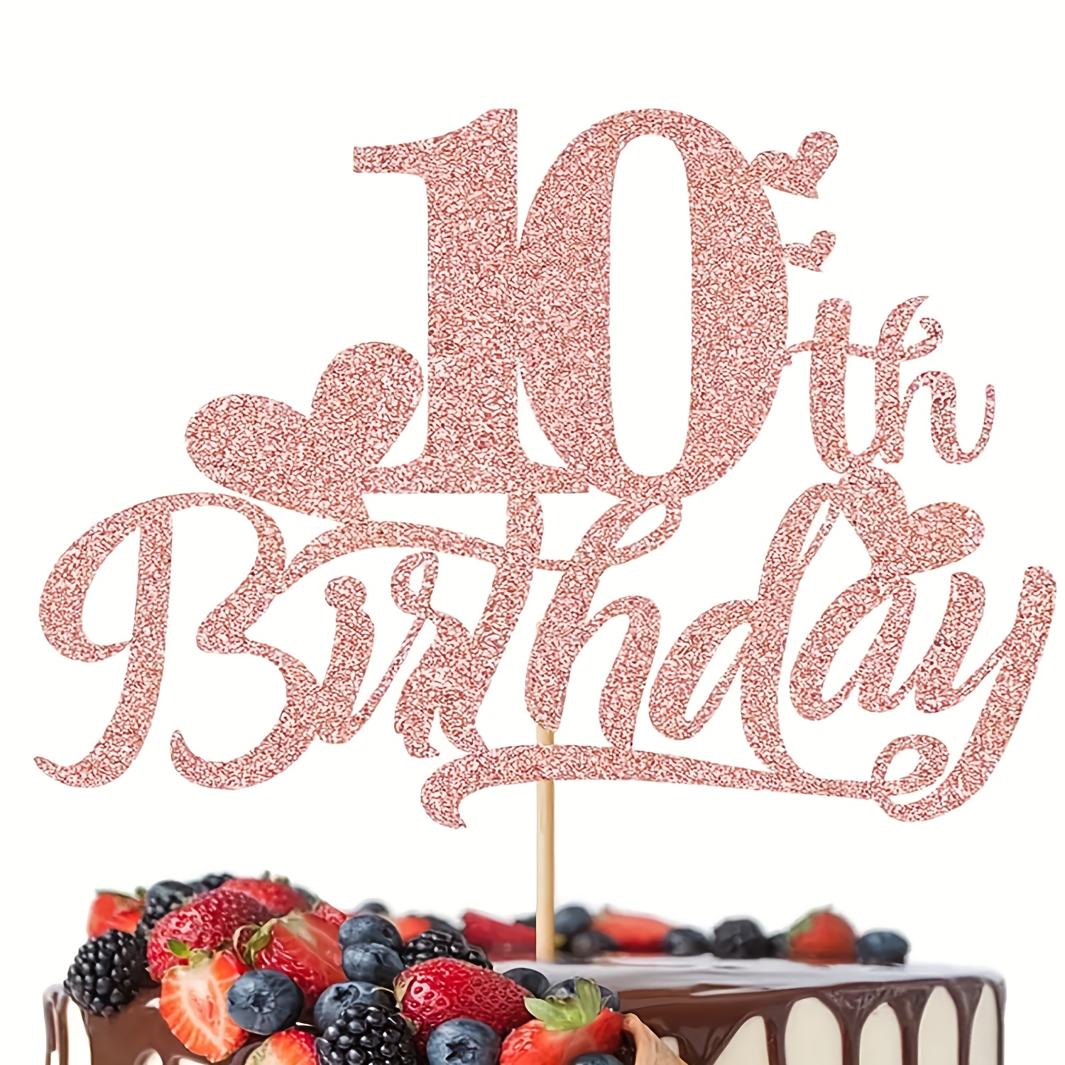 Image of 1pc Rose Golden Glitter 10th Birthday Cake Topper, Happy 10th Party Decoration, No Electricity Required, Featherless Anniversary Celebration Accessory, Birthday Party Decorations，halloween, Christmas