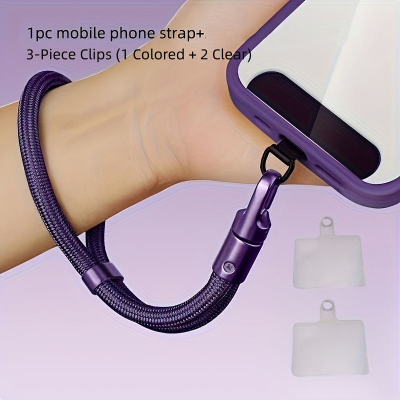 TEMU 1pc Mobile Phone Cable + 3pcs Clips (1 Colored + 2 Transparent), Adjustable Nylon Cord And Wrist Strap, 360° Rotating Clip, Universal